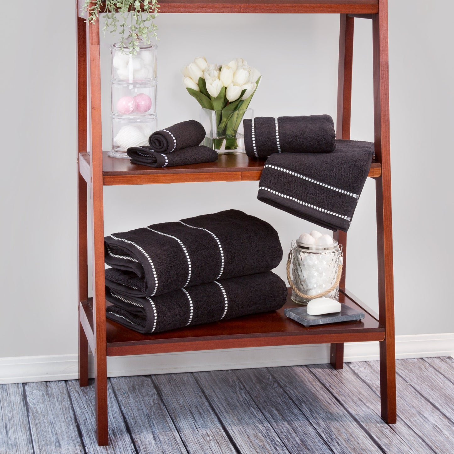 Lavish Home 6 Piece Bathroom Towels Set - 525GSM 100% Cotton Bathroom Essentials - 2 Bath Sheets, 2 Hand Towels, and 2 Wash Cloths for Bath, Shower, Gym, Spa, and Dorm Room (Black)