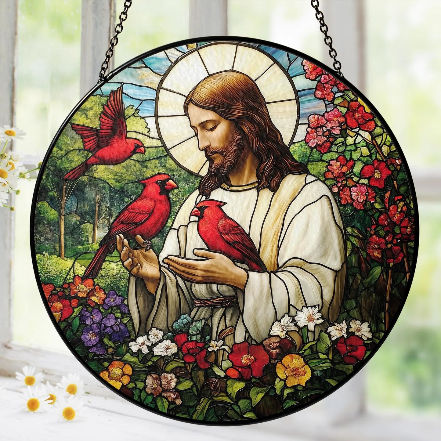 Christian Gifts for Women Faith Red Cardinals Window Hanging Suncatcher Stained Glass, Jesus & Cardinal Faith Home Decorations Jesus Gifts for Women of God Christmas Religious Catholic Gift For Memory