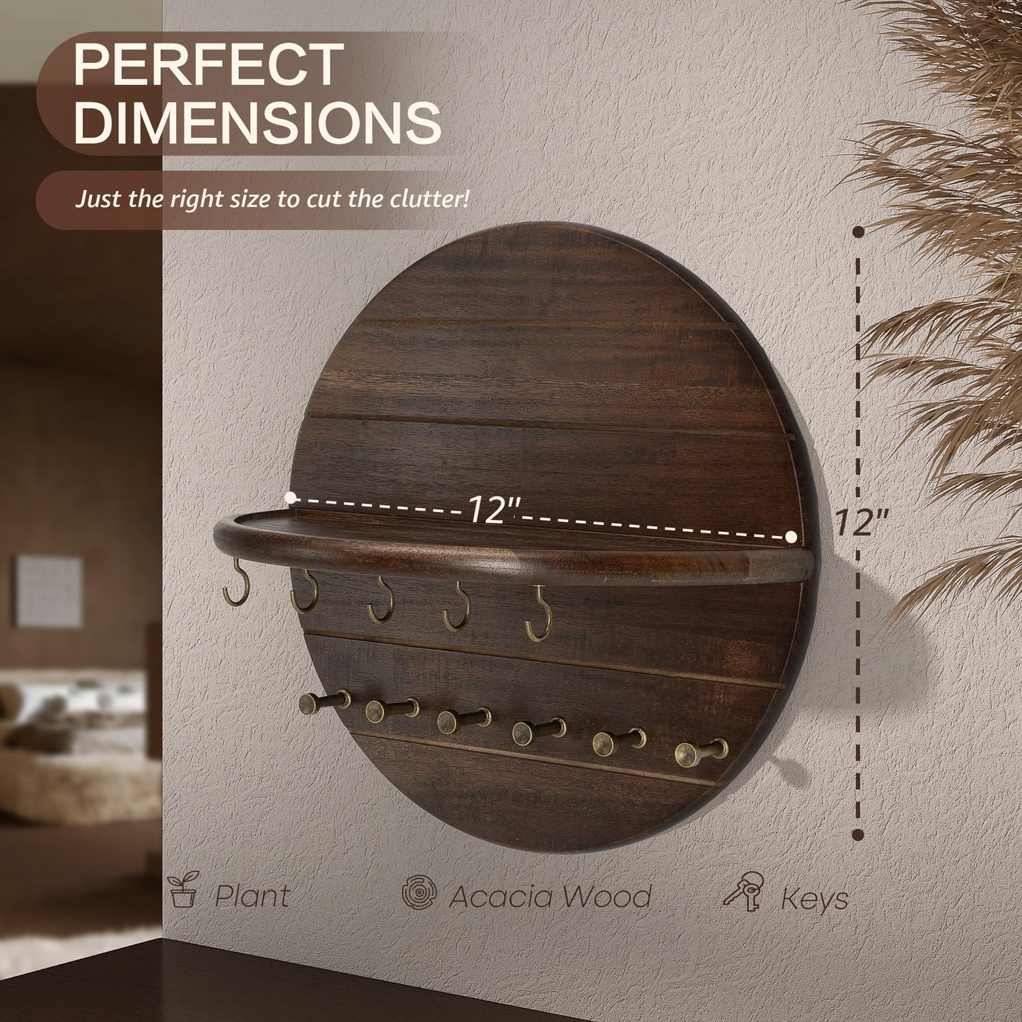 Rebee Vision Acacia Wood Decorative Key Holder Wall Mount for Home Decor- Farmhouse Round Key Holder for Wall with Shelf & 11 Hooks - Rustic Mail Organizer for Apartment Essentials (Dark Acacia)
