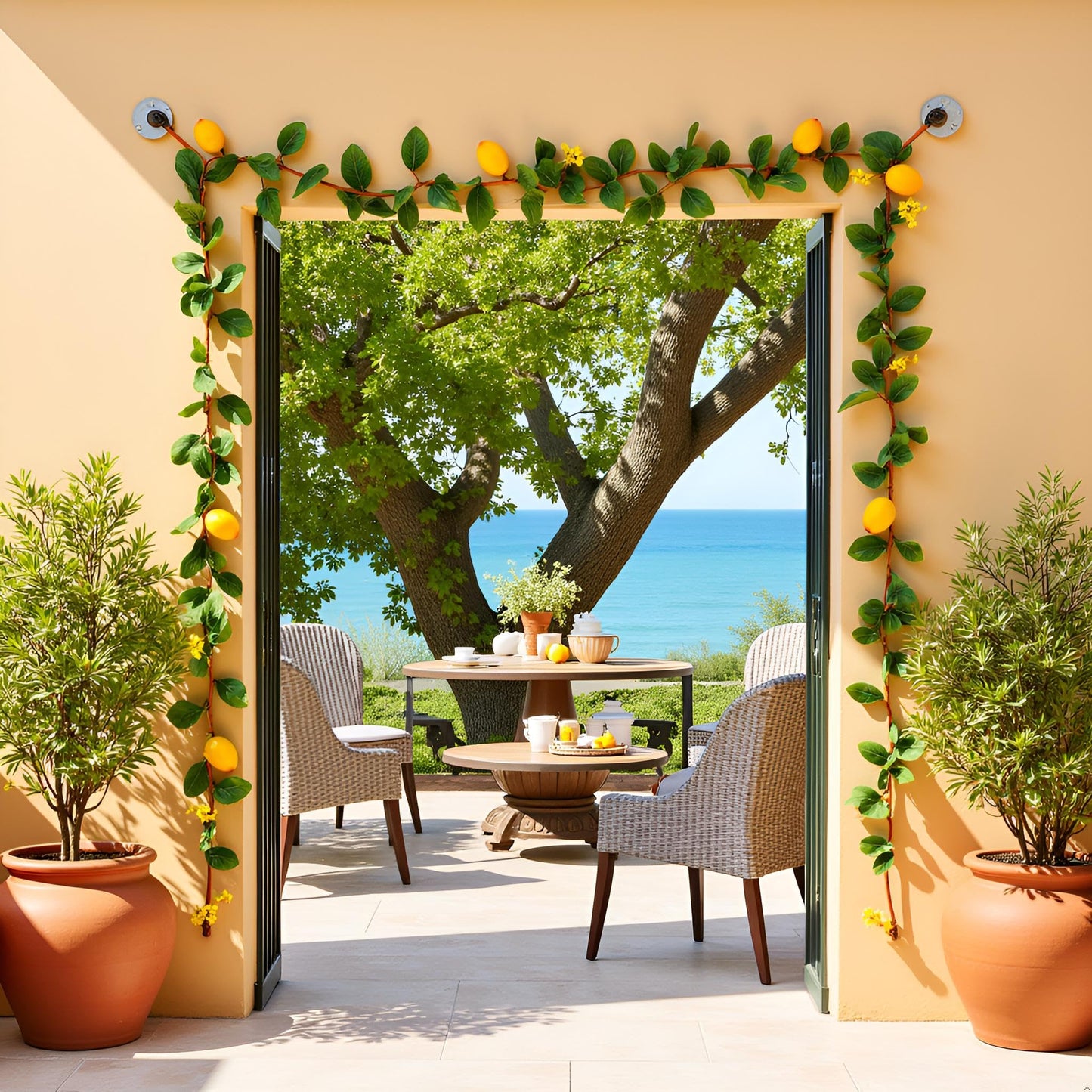CHOUYUHE 2PCS Artificial Lemon Garland (12Ft Total), Faux Fruit Vine with Greenery for Wedding Party, Wall Mantle Table Decor, Spring Summer Kitchen Door Decoration