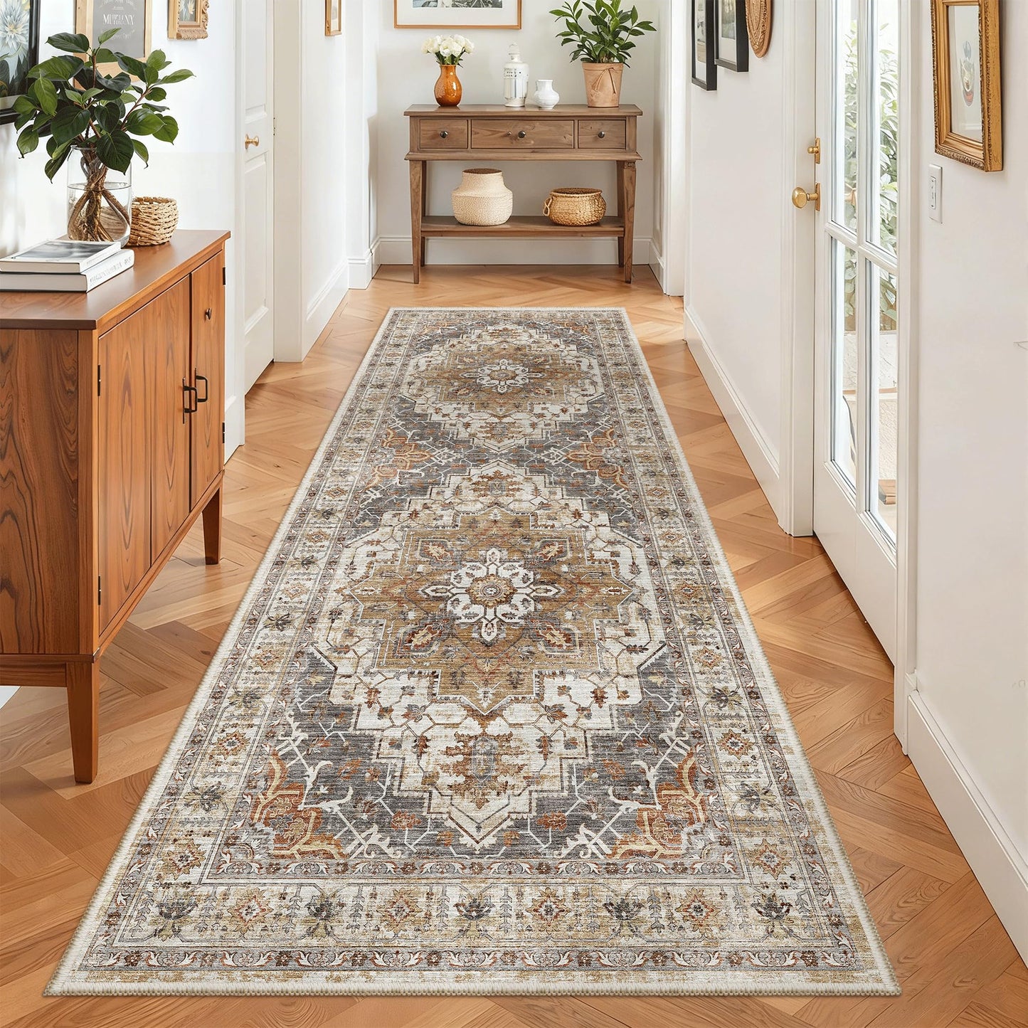 Madane Hallway Runner 3x8, Kitchen Rugs Washable Entryway Rug Vintage Kitchen Runners Non Slip Indoor Area Rug Farmhouse Carpet Runner for Bathroom Living Room Bedroom (3 X 8, Turmeric/Grey)