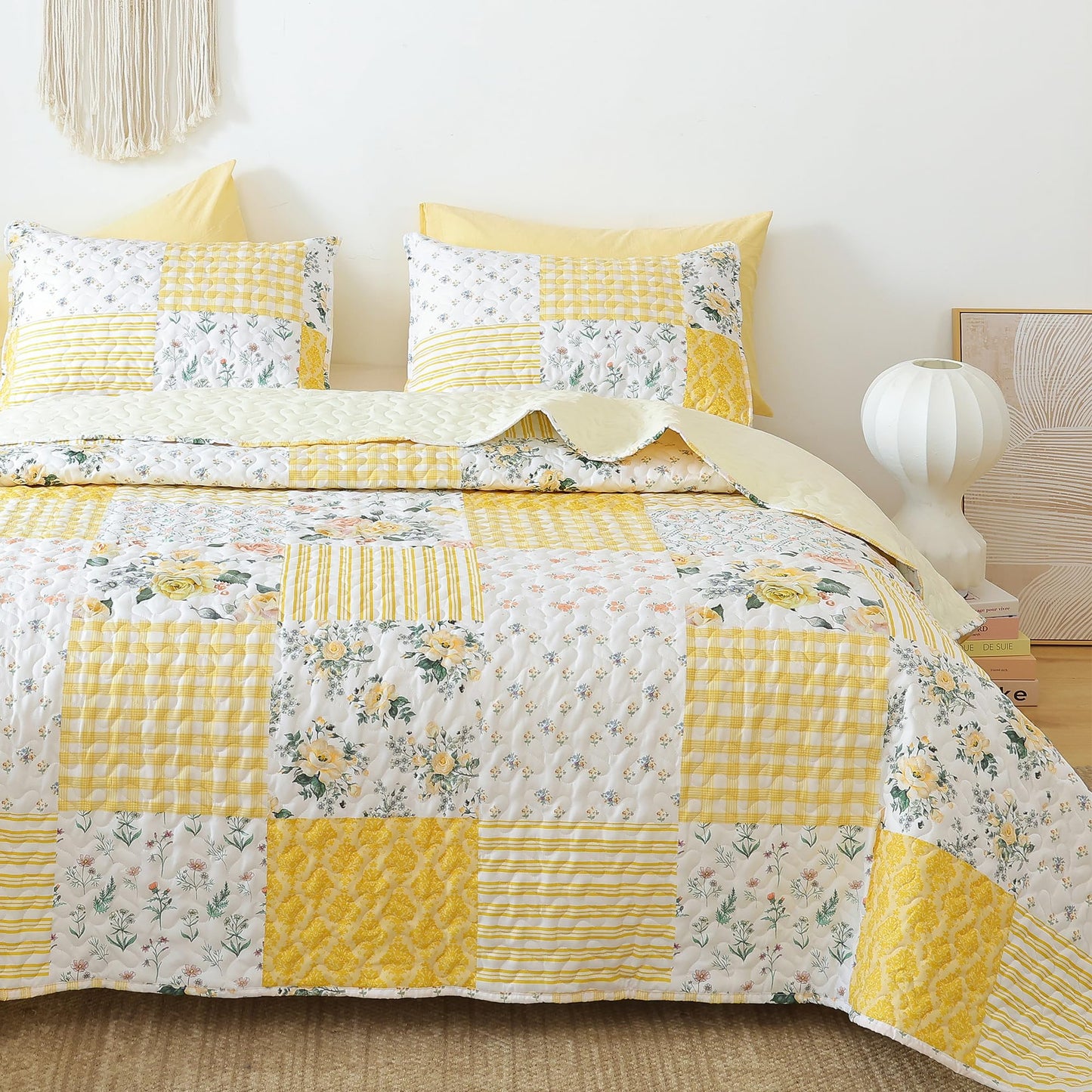 YIKUSH Floral Quilt Set King Size – Ultra Soft Lightweight Bedspread, 3 Piece Yellow Bedding Set (104"x90") with Pillowcases (20"x36"), All Season Coverlet for Bedroom & Guest Room