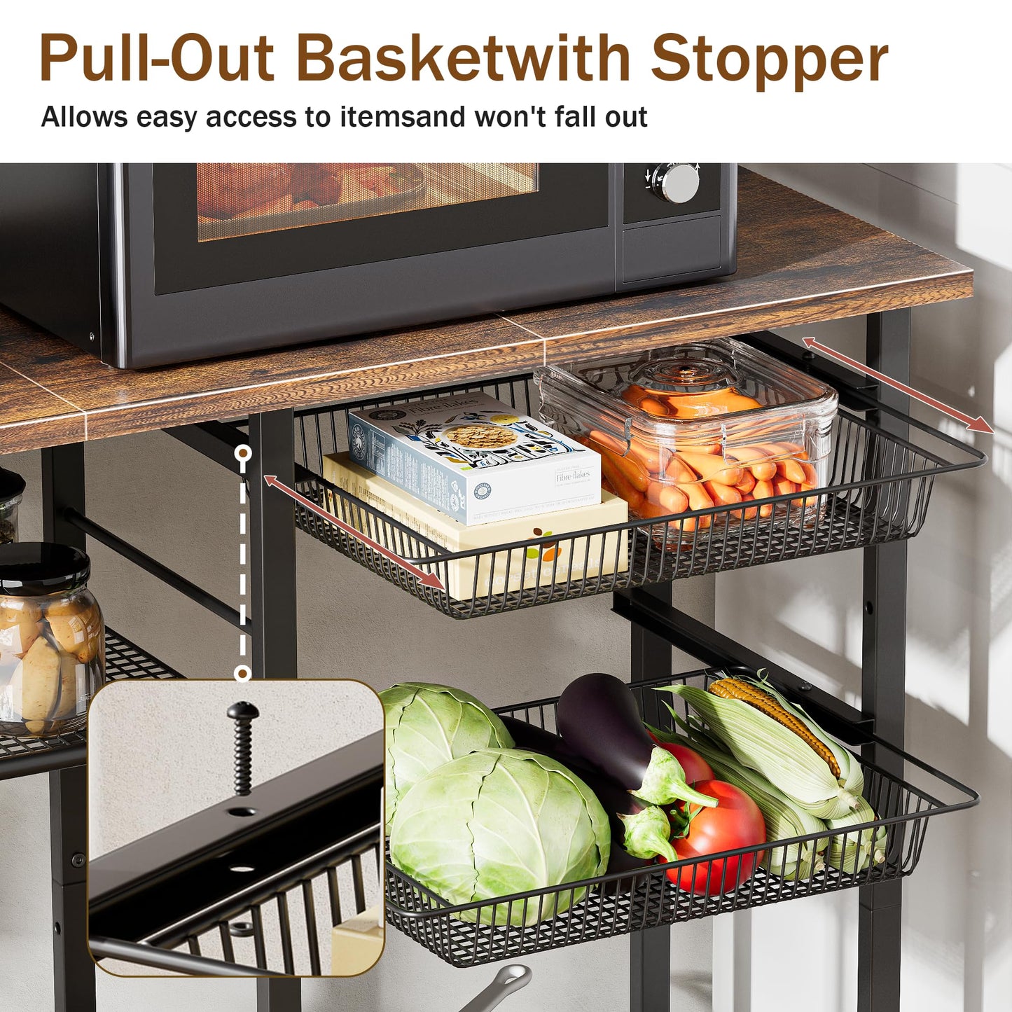 LAKEMID Kitchen Bakers Rack,Microwave Stand with Storge 3-Tier,Coffee Bar Station,6 S-Shaped Hook,Kitchen Storage Shelf,33.7D x 14.9W x 29.9H Inches,Rustic Brown