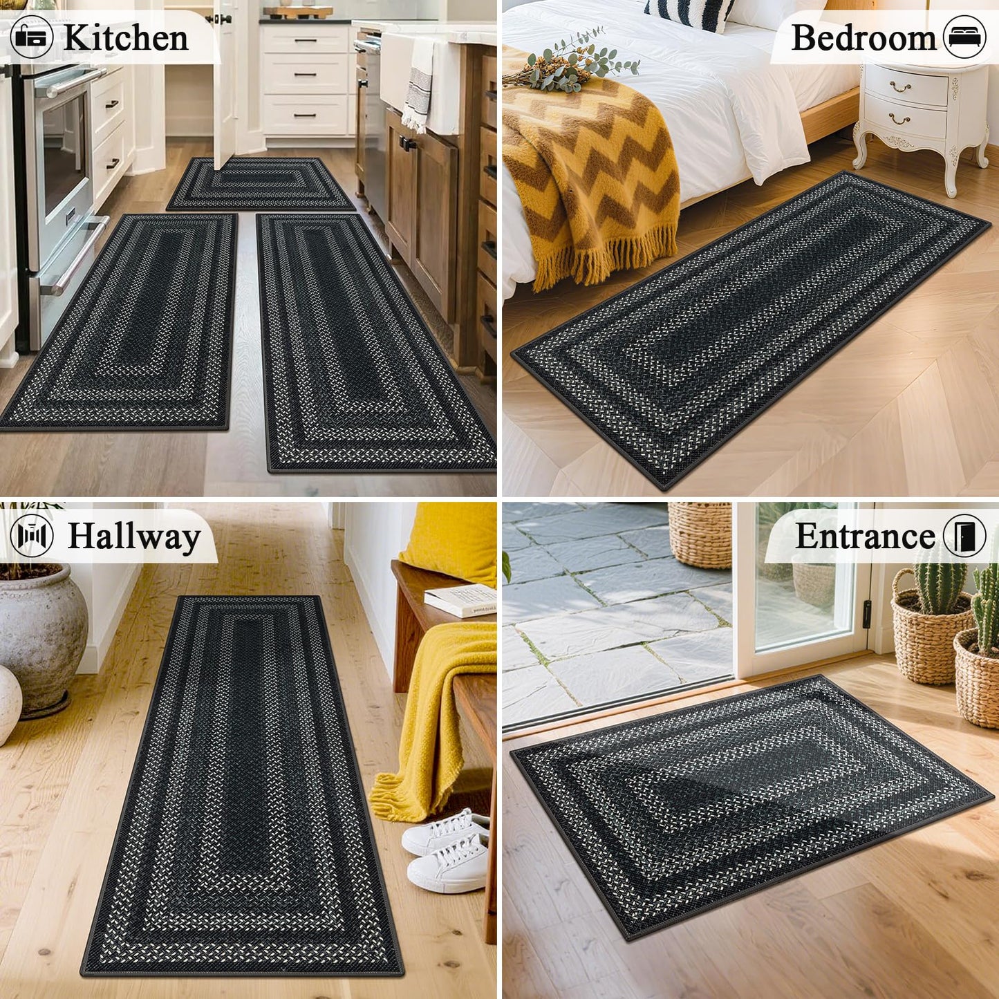 HEBE Washable Kitchen Rugs Sets of 3, Non Slip Absorbent Kitchen Rugs and Mats, Farmhouse Stain Resistant Faux Jute Kitchen Mat Carpet Runner for Kitchen Floor, Laundry Room, Hallway, Black/Grey