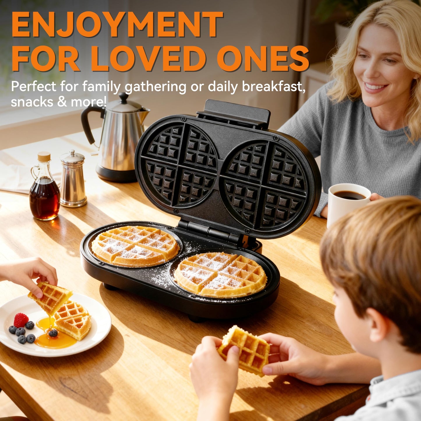 Baker’s Friend Double Belgian Waffle Maker Thick, 2 X 6” Round Waffle Maker, Belgium Waffle Iron, Waflera Electrica with Non-stick Plates, 1200W, Perfect for Kids & Family Breakfast, Graphite