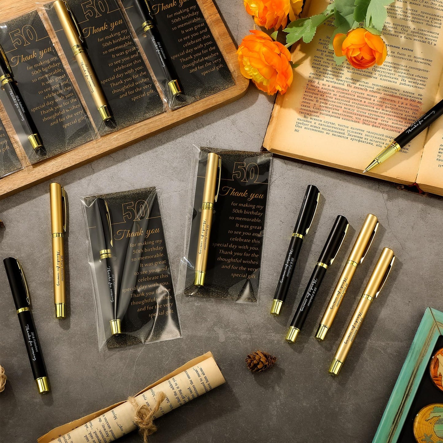 Feifeiya 50 Set 50th Birthday Party Favor for Guest Anniversary Party Favor with Black and Gold Ballpoint Pens and Thank You Cards for Women Men Birthday Anniversary Appreciation Gifts