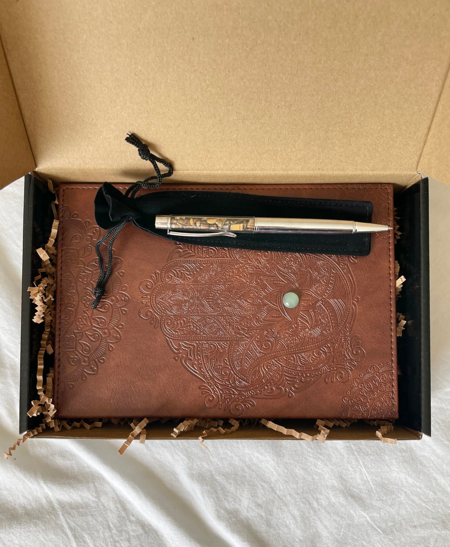 Brown Notebook and Tiger’s Eye Crystal Pen Gift Set for Men or Women, Vegan Faux Leather Journal, Hamsa Hand Evil Eye Protection Spiritual Gifts (Brown Notebook & Tiger's Eye Pen Set)