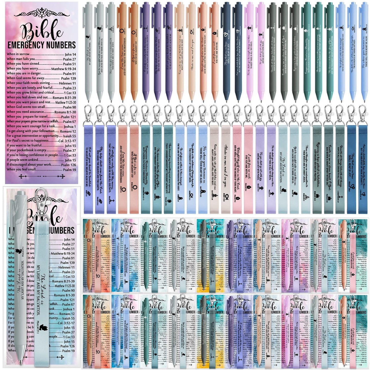 Sinload 50 Set Christian Gift Bulk Bible Emergency Numbers Bookmark with Silicone Keychains Scripture Quote Pen Religious Study Supplies for Father Day Church Bible Study Group (Watercolor)