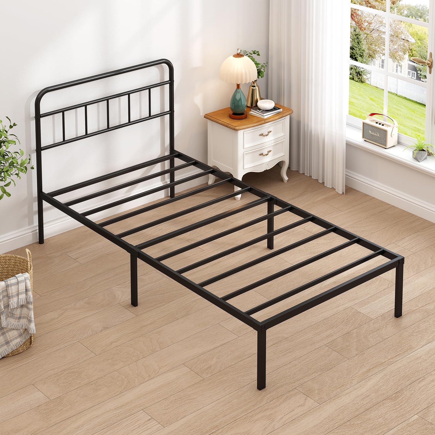 Ziguxiao Twin Bed Frame with Classic Headboard,Strong Metal Slats Support,Under Bed Storage Space,No Box Spring Needed,Easy to Assemble,Black