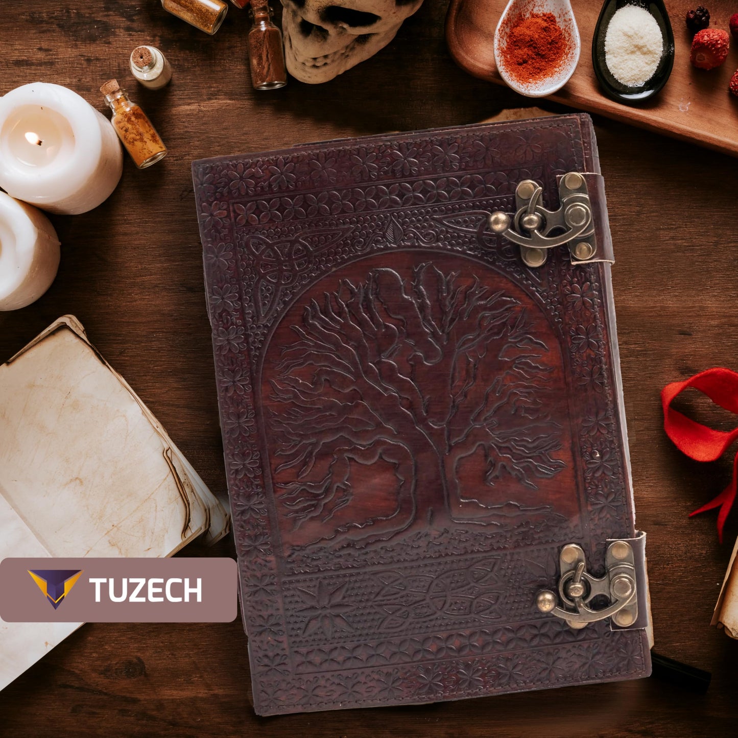 TUZECH 600 Pages Handmade Large Leather Journal Diary Embossed Tree of Life Book Of Shadows Notebook Writing Seven Chakra Grimoire Sketchbook 7 x 10 Leather Bound (Brown)