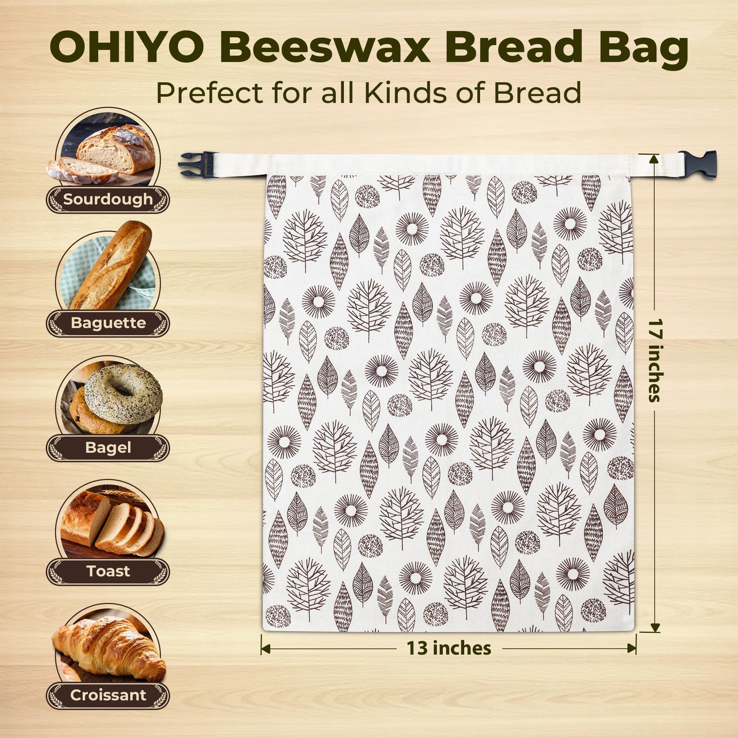 OHIYO Reusable Beeswax Bread Bags for Freezer & Refrigerator, 17"×13" Natural Beeswax-Lined Cotton Storage Bags Airtight Freshness Keeper for Homemade, Bakery Essentials (2 Pack)