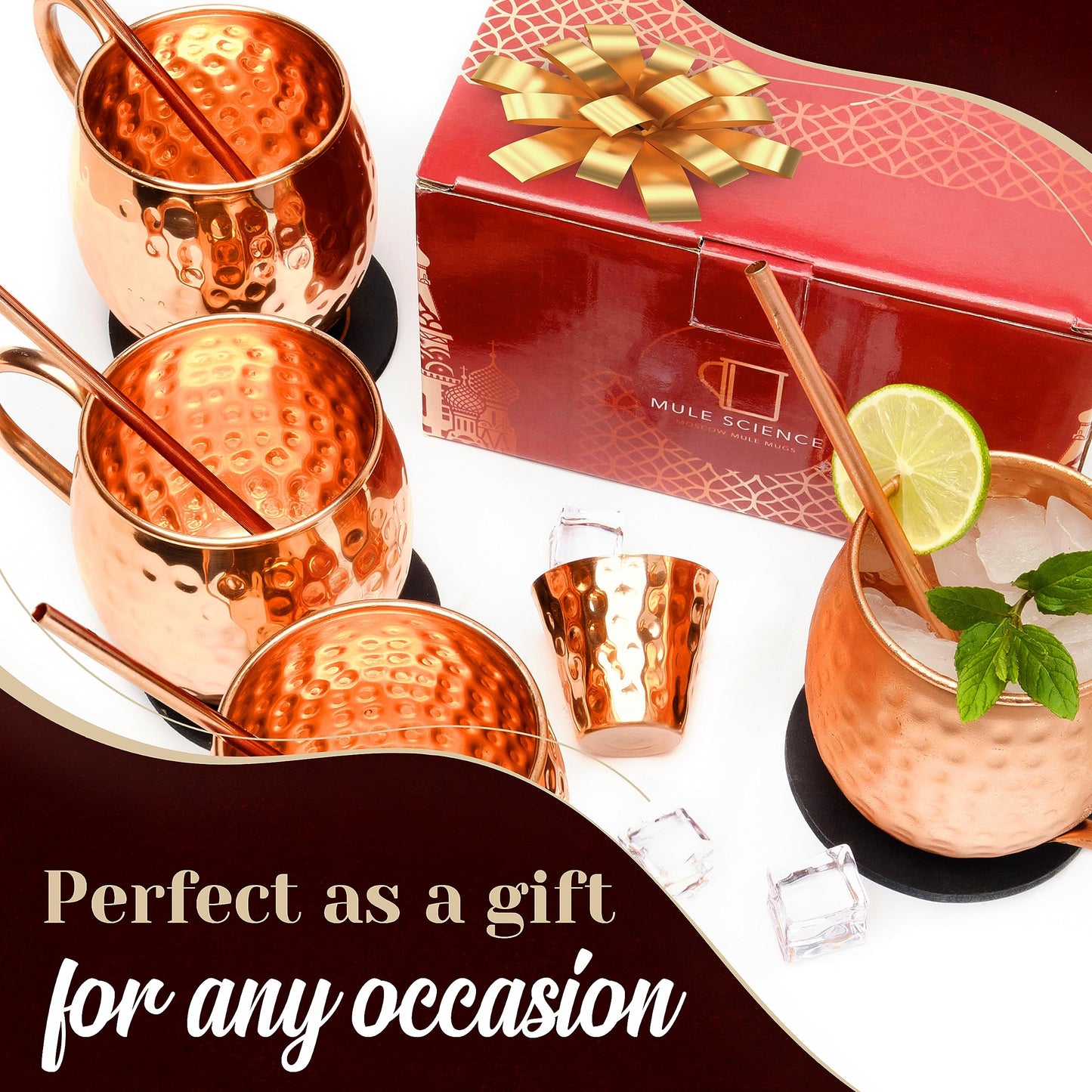 Advanced Mixology Mule Science Moscow Mule Copper Mugs Gift Set of 4 (19 oz) – Handcrafted Hammered Copper Cups, Food-Safe & Tarnish-Resistant – Includes Straws, Coasters & Shot Glass