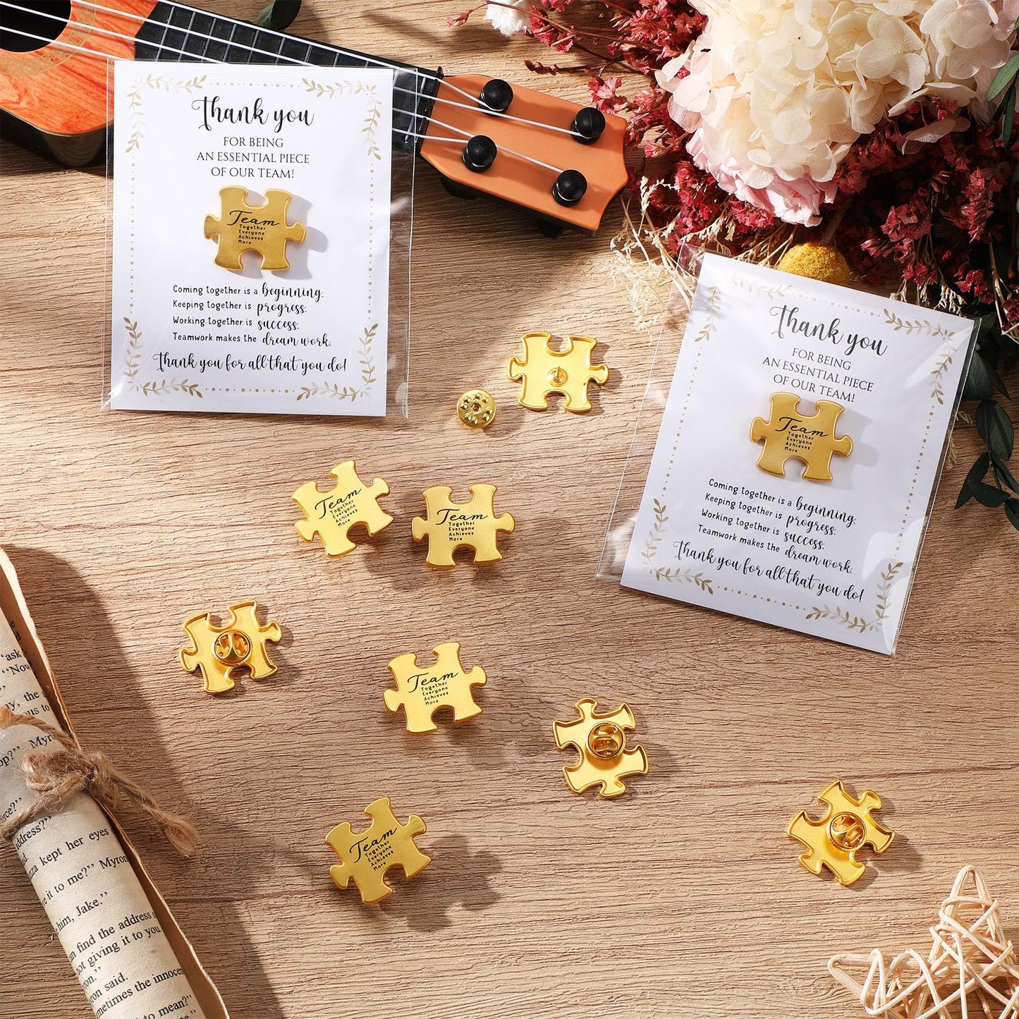 Solsew 60 Sets Teacher Appreciation Gift for Employees Puzzle Piece Lapel Pins Bulk with Thank You Cards for Team Nurse Volunteer Staff Coworker Office Soccer Baseball Team Building Ems Cna Week Gift