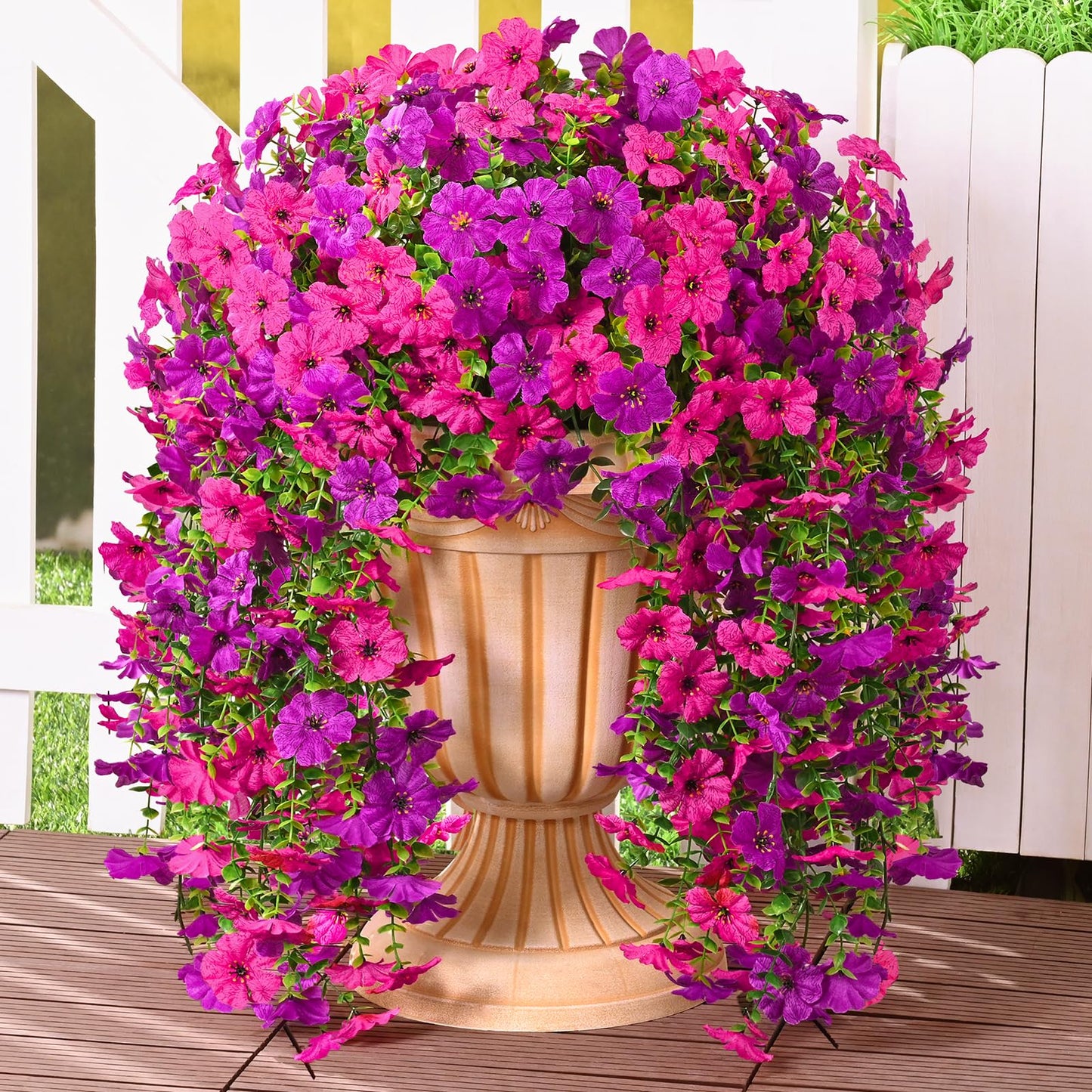 Dolicer 8 Pcs Look Real Artificial Flowers for Outdoors, Realistic Fake Artificial Hanging Flowers for Outdoors UV Resistant Silk Faux Hanging Plants Flowers for Porch Patio Garden (Purple+Fuchsia)