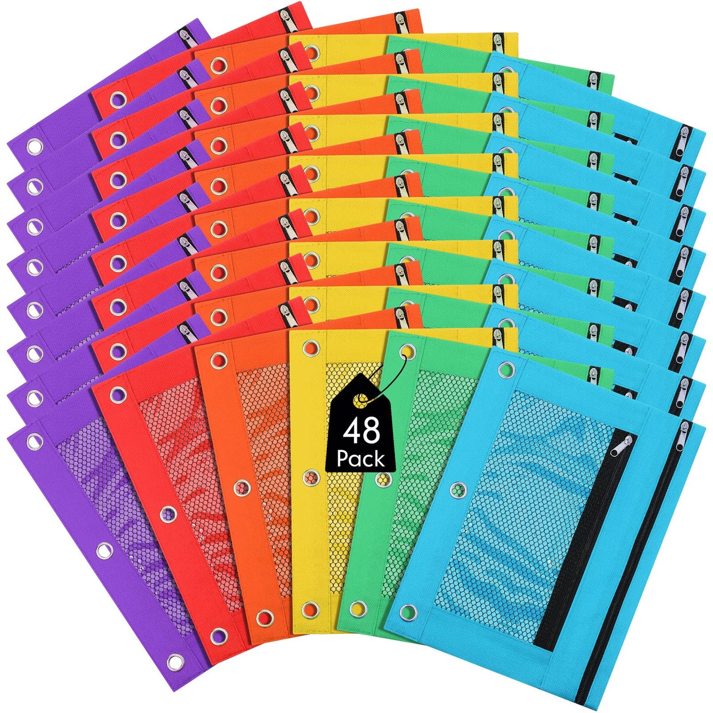 Leelosp 48 Pack Pencil Pouch for 3 Ring Binder Mesh Zipper Pencil Case Bags Binder Pouches Bulk for School Writing Utensils Storage Supplies (Red,Orange,Yellow,Green,Aqua,Purple)