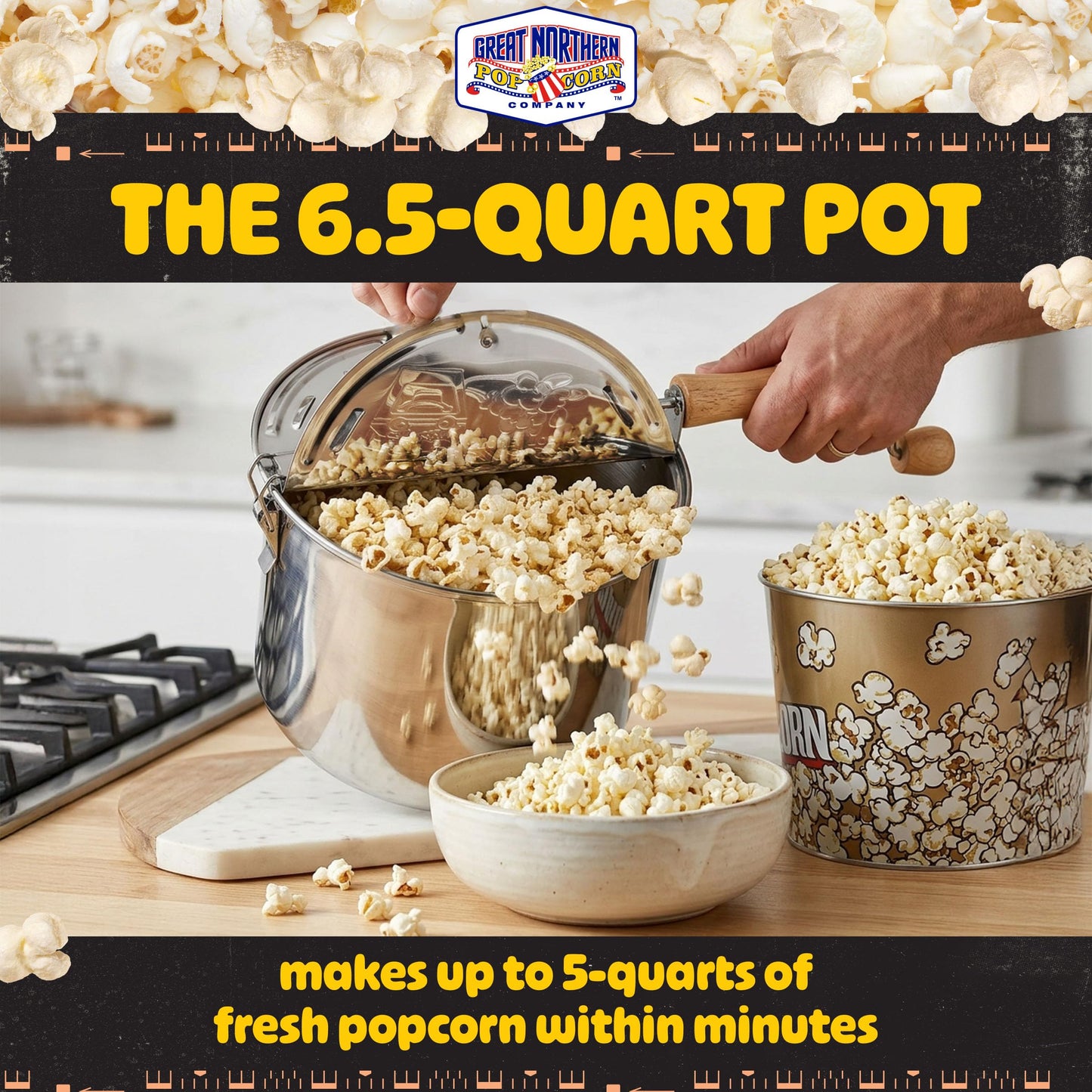 Stovetop Popcorn Maker - 6.5-Quart Stainless-Steel Popcorn Popper with a Hand Crank, Vented Lid, and Stir Paddle by Great Northern Popcorn (Silver)