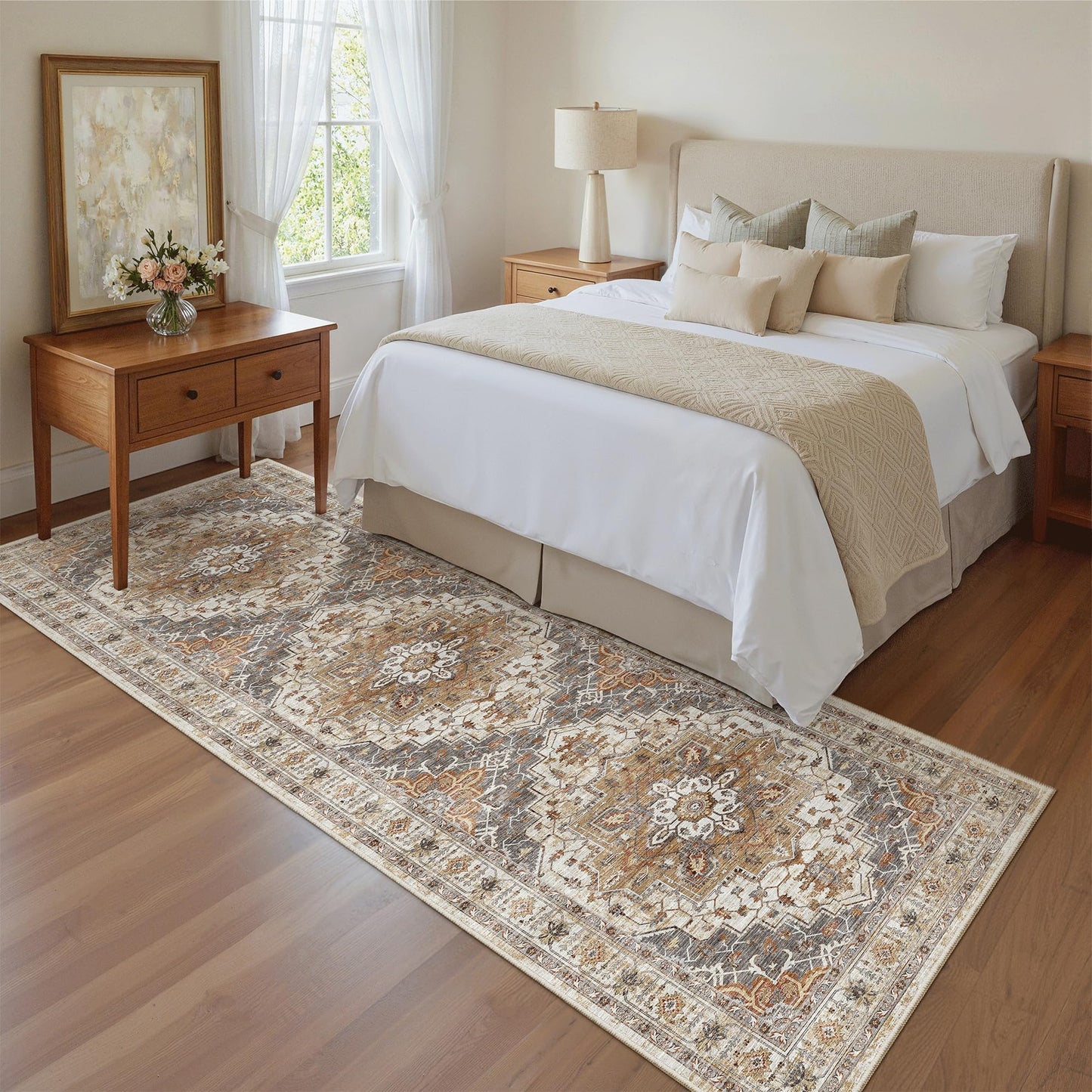 Madane Runner Rug 2'6''x8' Kitchen Runner, Hallway Runner Printed Vintage Washable Rugs Soft Non-Slip Low Pile 2.5x8 ft Runners for Hallways Laundry Room Rug Distressed Rug, Turmeric/Grey