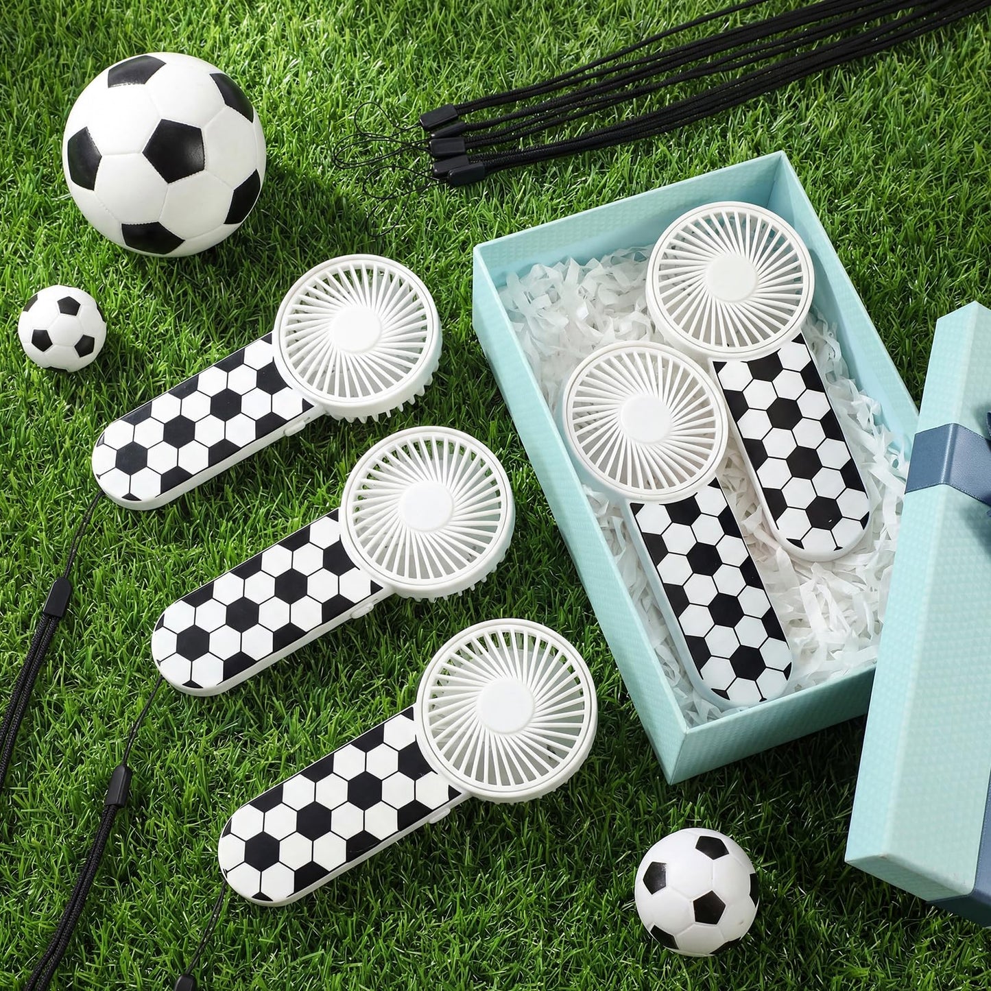 Honoson 18 Pcs Soccer Party Favors Mini Portable Handheld Fan Bulk with Lanyard for Team Gift Softball Goodie Bags Game Outdoor Sport Party, Battery Not Include