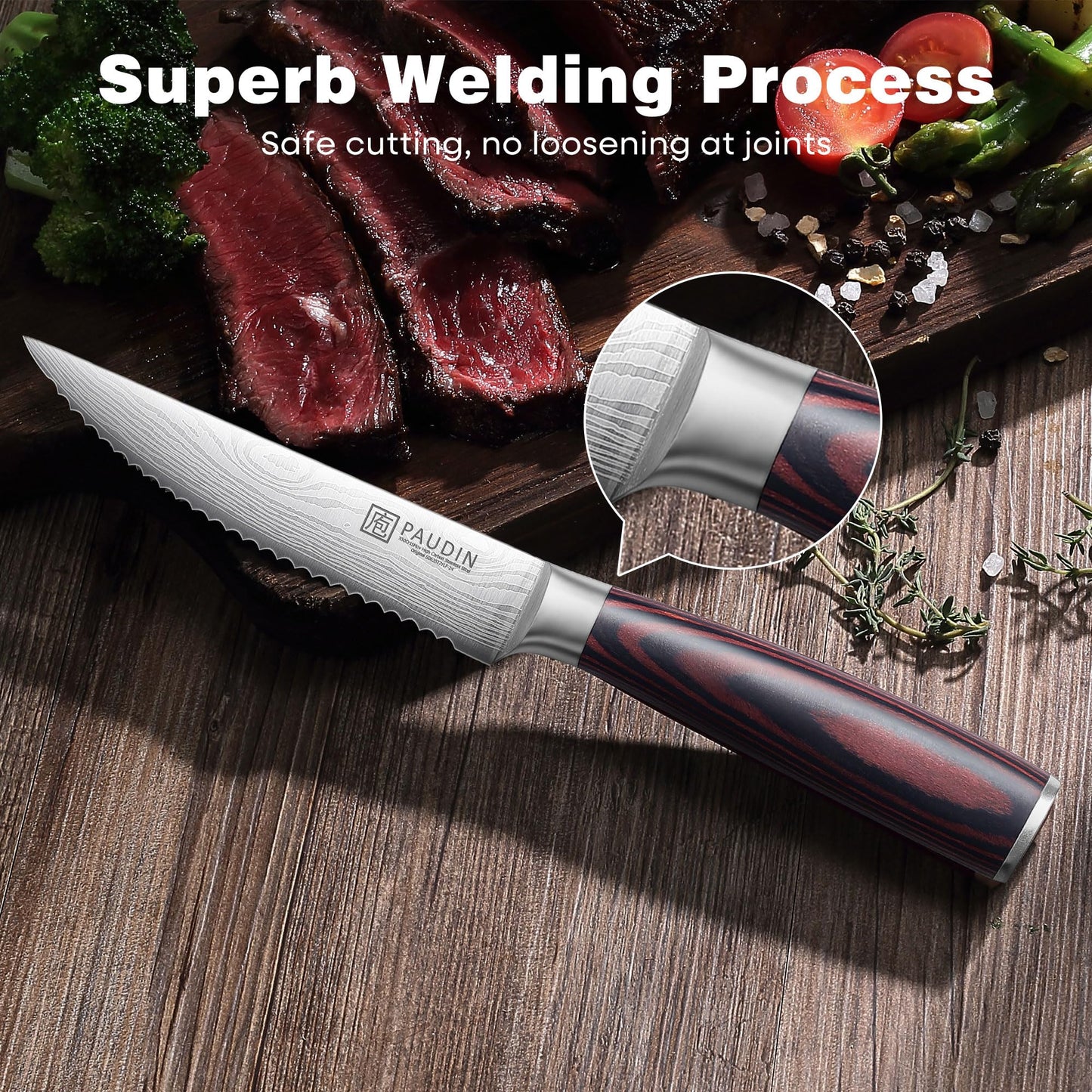 PAUDIN Steak Knives, Steak Knives Set of 6, Ultra Sharp 4.5 Inch Serrated Steak Knife, High Carbon Stainless Steel Steak Knife Set with Pakkawood Handle and Gift Box
