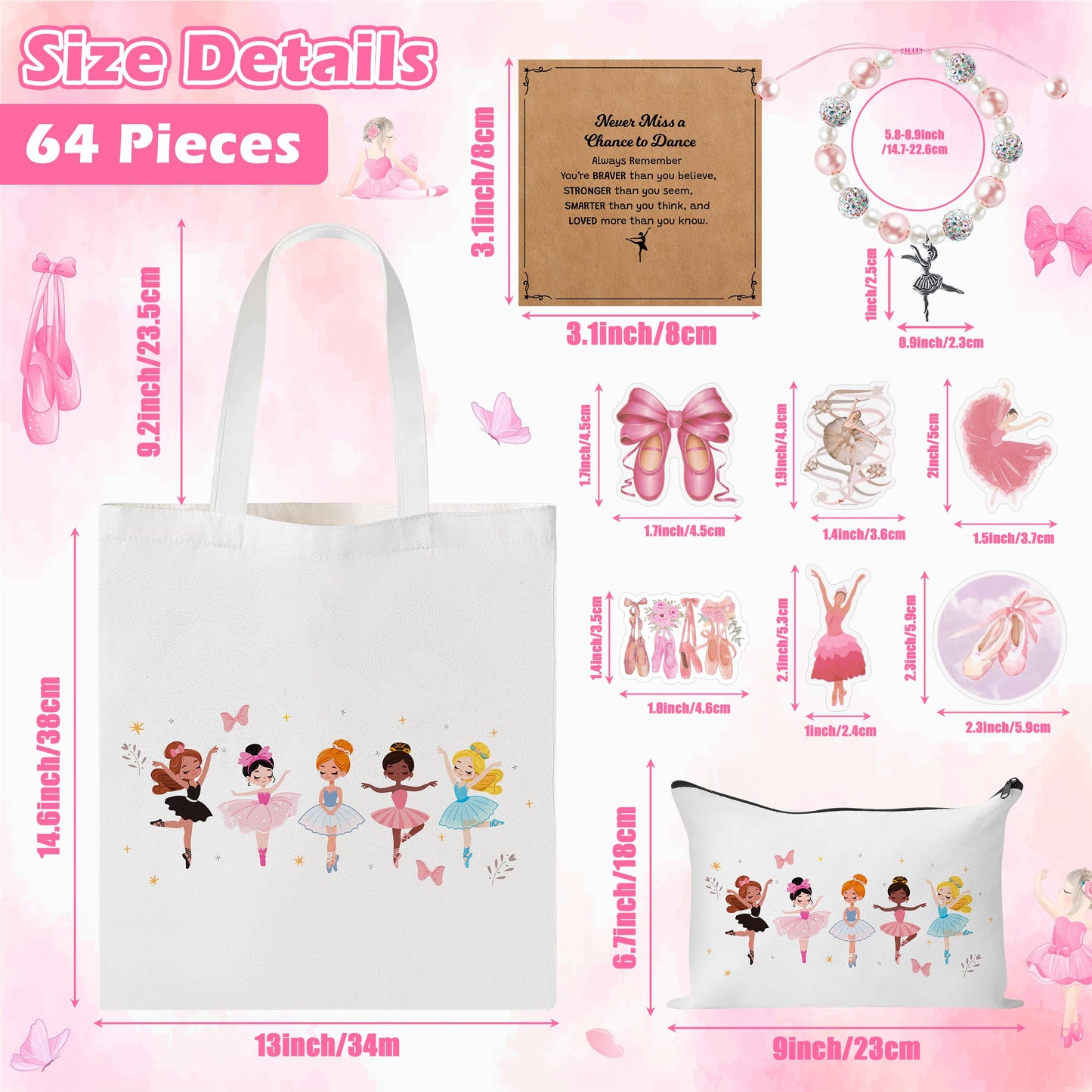 Y1tvei Cute Ballerina Girl Recital Gifts - 64Pcs Ballet Dancing Girl Canvas Tote Bag Makeup Pouch Dance Stickers Sparkly Pink Ballerina Bracelet with Card Ballet Grocery Shopping Bags Stuff for Dancer