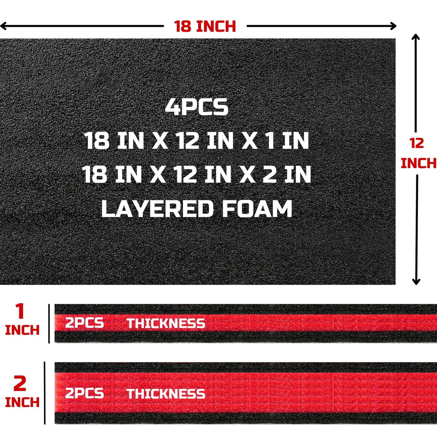 ONREVA Tool Box Foam 4Pack 2pc 18x12x2in & 2pc 18x12x1in, Foam Inserts for Cases, Polyethylene Storage Sheets for Toolbox Hard Case, Tool Shadow Insert, Kaizen Organizer Sheet, Black with Red