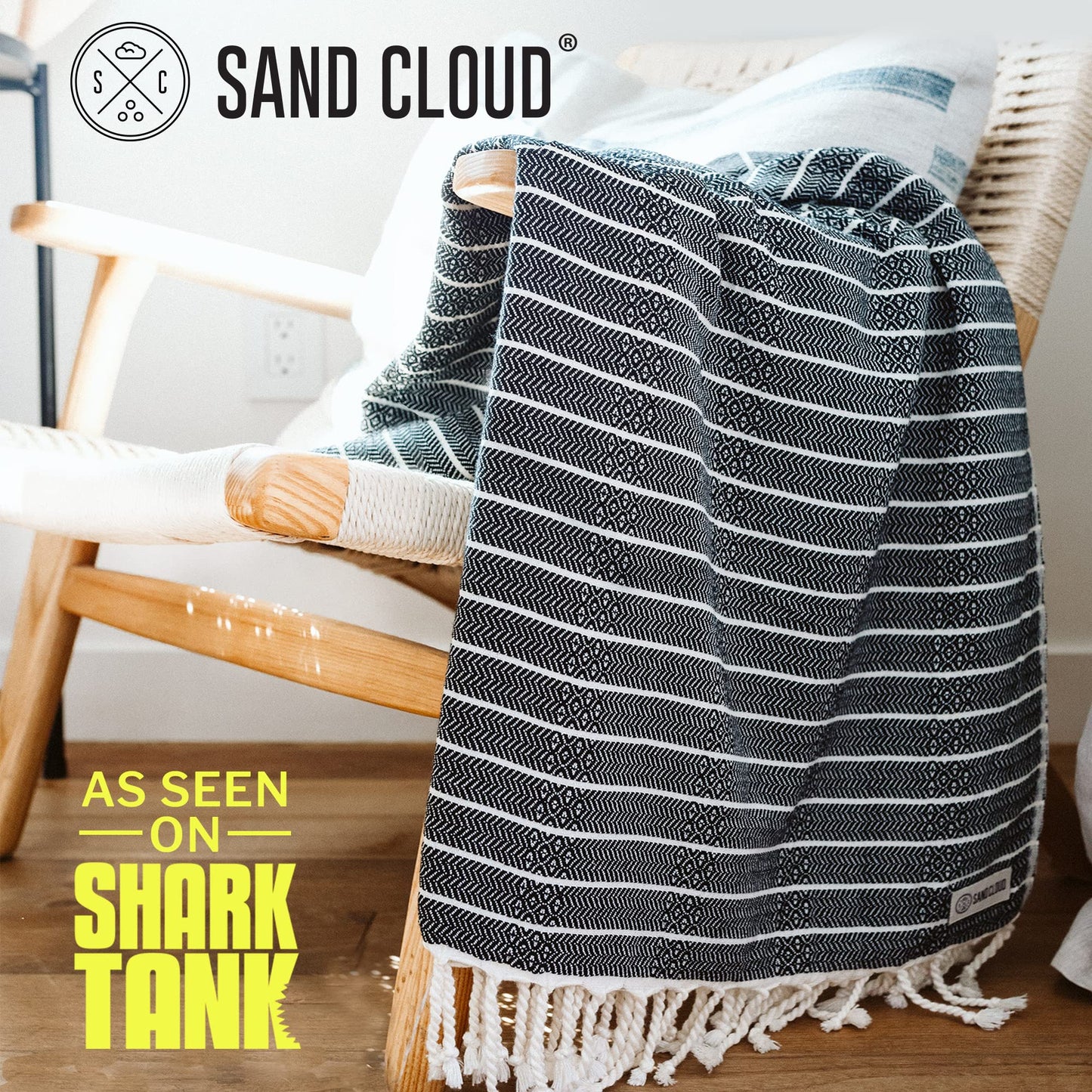 Sand Cloud Turkish Beach Towel - Sand Resistant - 100% Certified Organic Turkish Towel - Quick Dry Towel for Beach, Picnic, Blanket or Bath Towel - As Seen on Shark Tank - Gocek (Black)