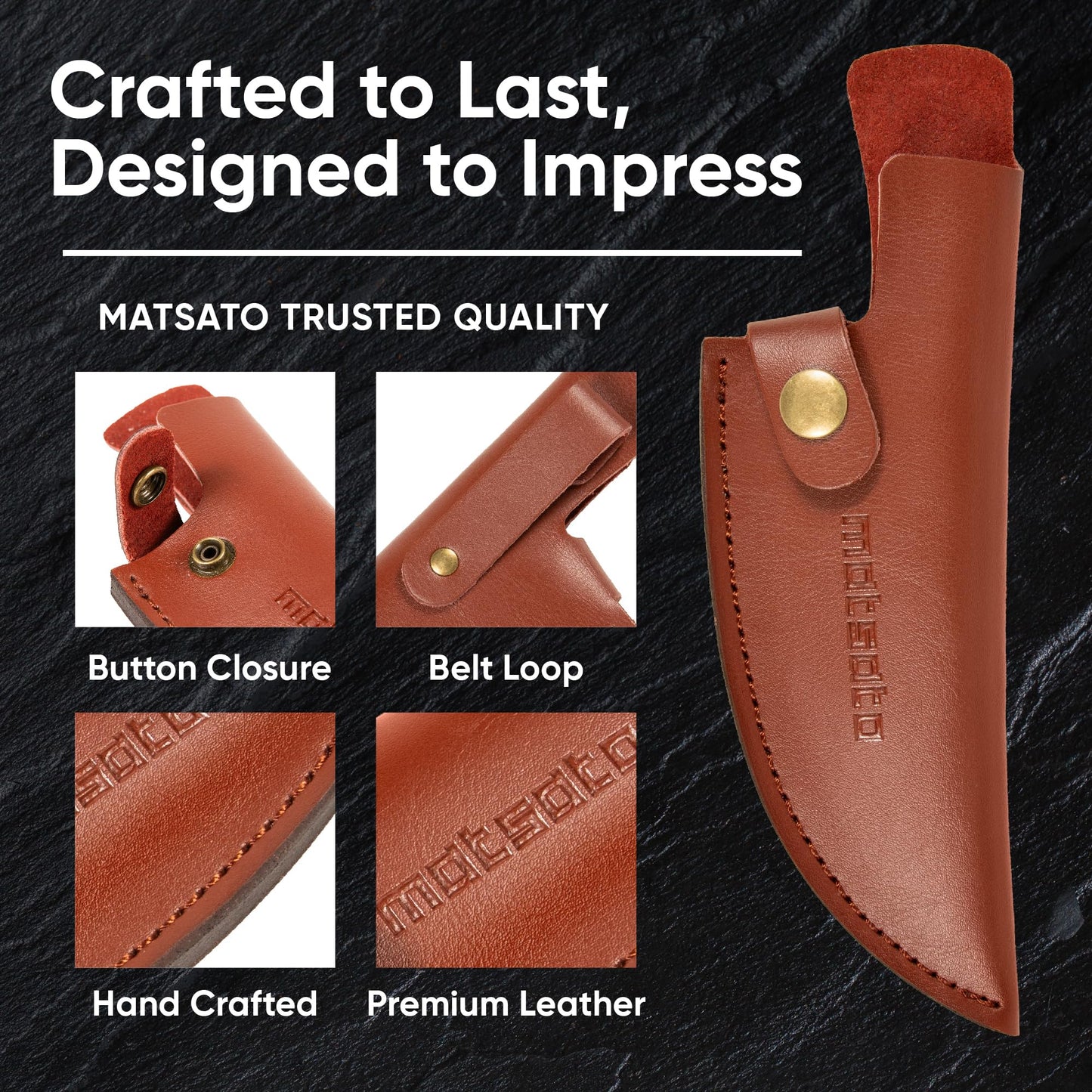 Matsato Chef Knife with Leather Sheath – Japanese Steel Kitchen Knife for Home & Cooking, Christmas Gift Set for Men or Women, Kitchen Accessory for Chefs