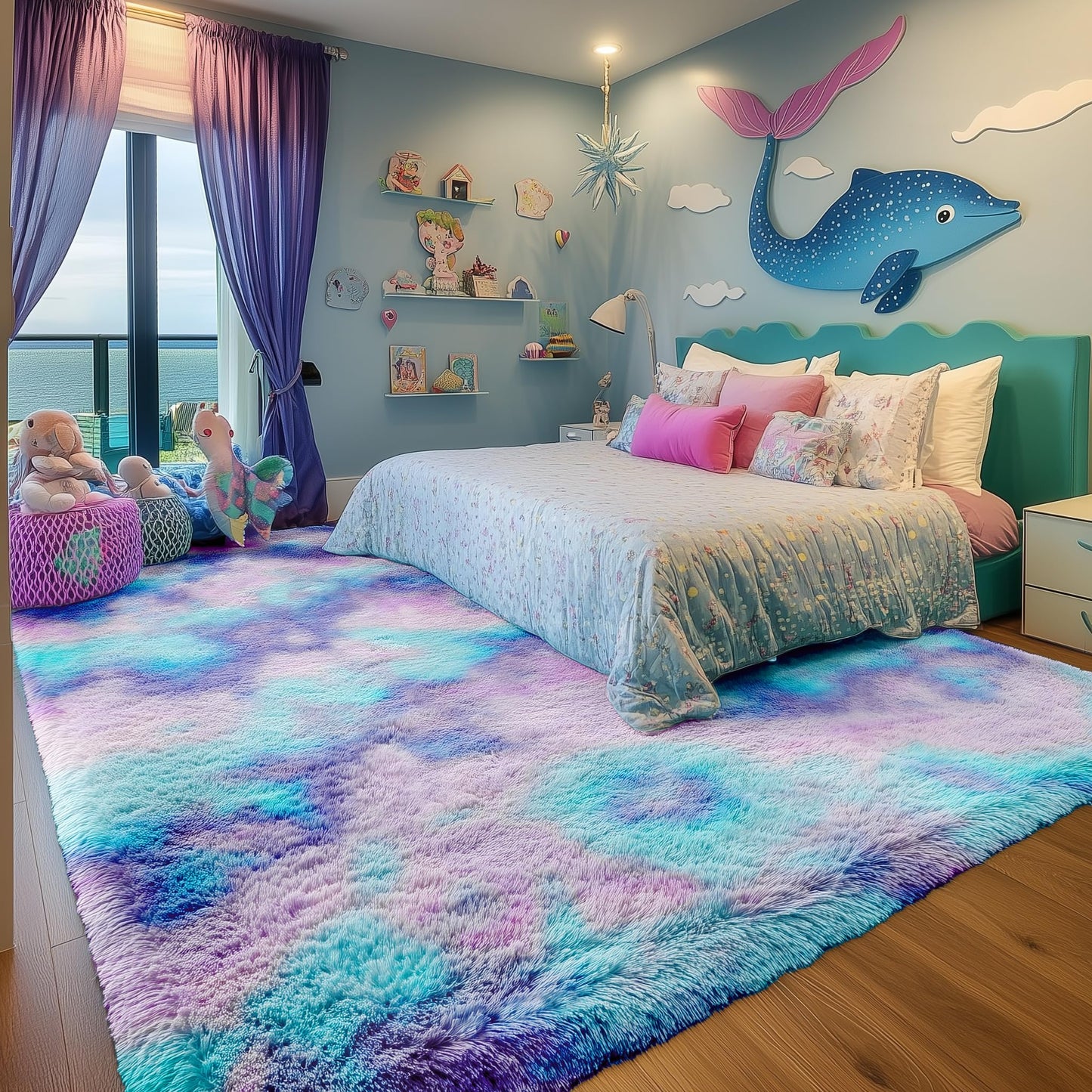 PAGISOFE Soft Purple Rainbow Rugs for Living Room,Fluffy 5x7 Area Rug, Plush Adorable Kawaii Rug for Bedroom Kids Room Baby Nursery,Girls Room Decor Mermaid Rugs Fuzzy Fur Pastel Carpet,Cozy Cloud Rug