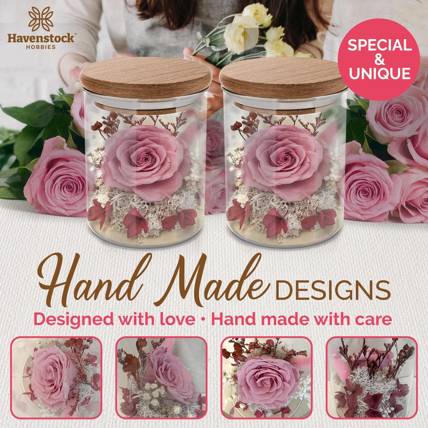 Havenstock Pink Rose in a Glass Dome - Premium Real Rose That Lasts a Year or More - Mother's Day Unique Gift for Her - Preserved Rose Decor