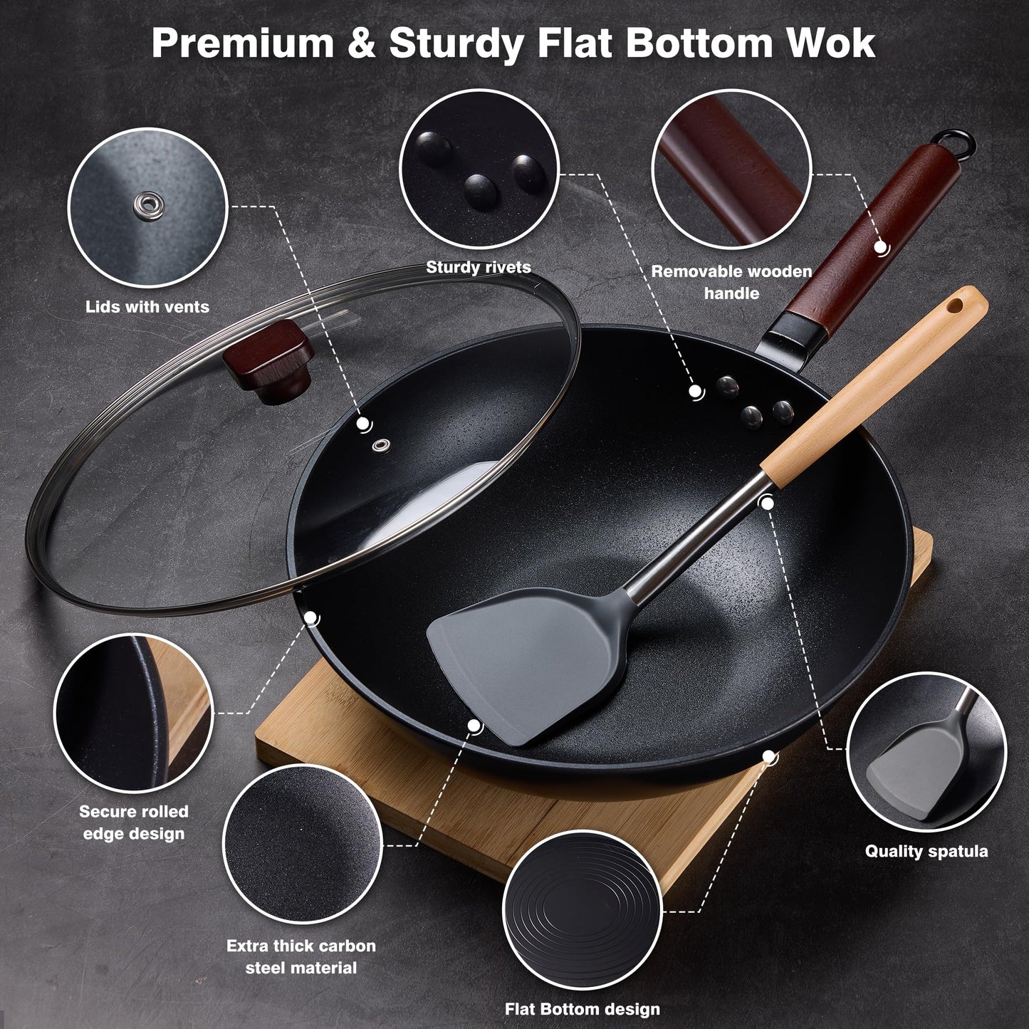 Teewe Carbon Steel Wok -13 Inch Woks & Stir-fry Pans Nonstick, Wok Pan with Glass Lid Spatula and Dish Brush: Pre-Seasoned Flat Bottom Chinese Wok for Induction, Electric, Gas, All Stoves