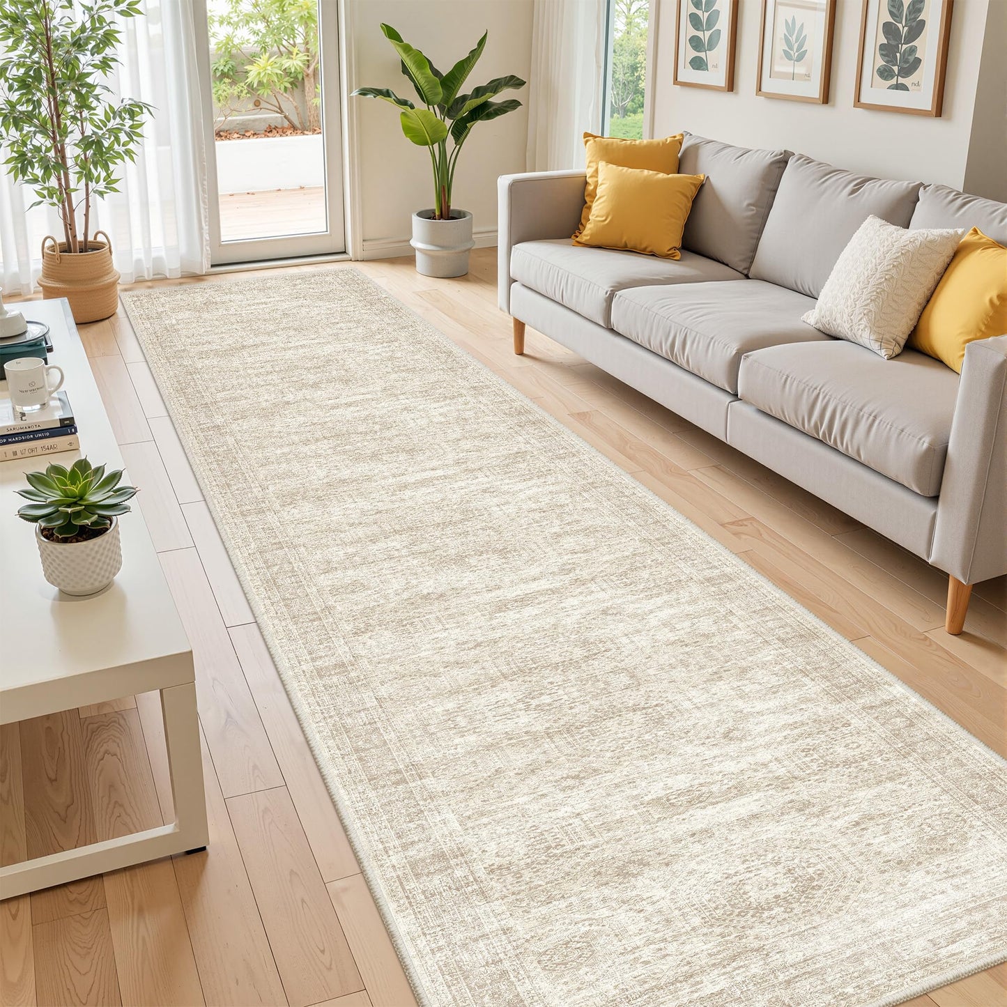 Restydon Long Hallway Runner Rug- Carpet Runners for Hallway 12ft, Anti Slip Backing Washable Rug Runner for Bathroom, Entrance, Living Room, Soft Low Pile Modern Rug Runner(2'x12', Beige/Ivory)