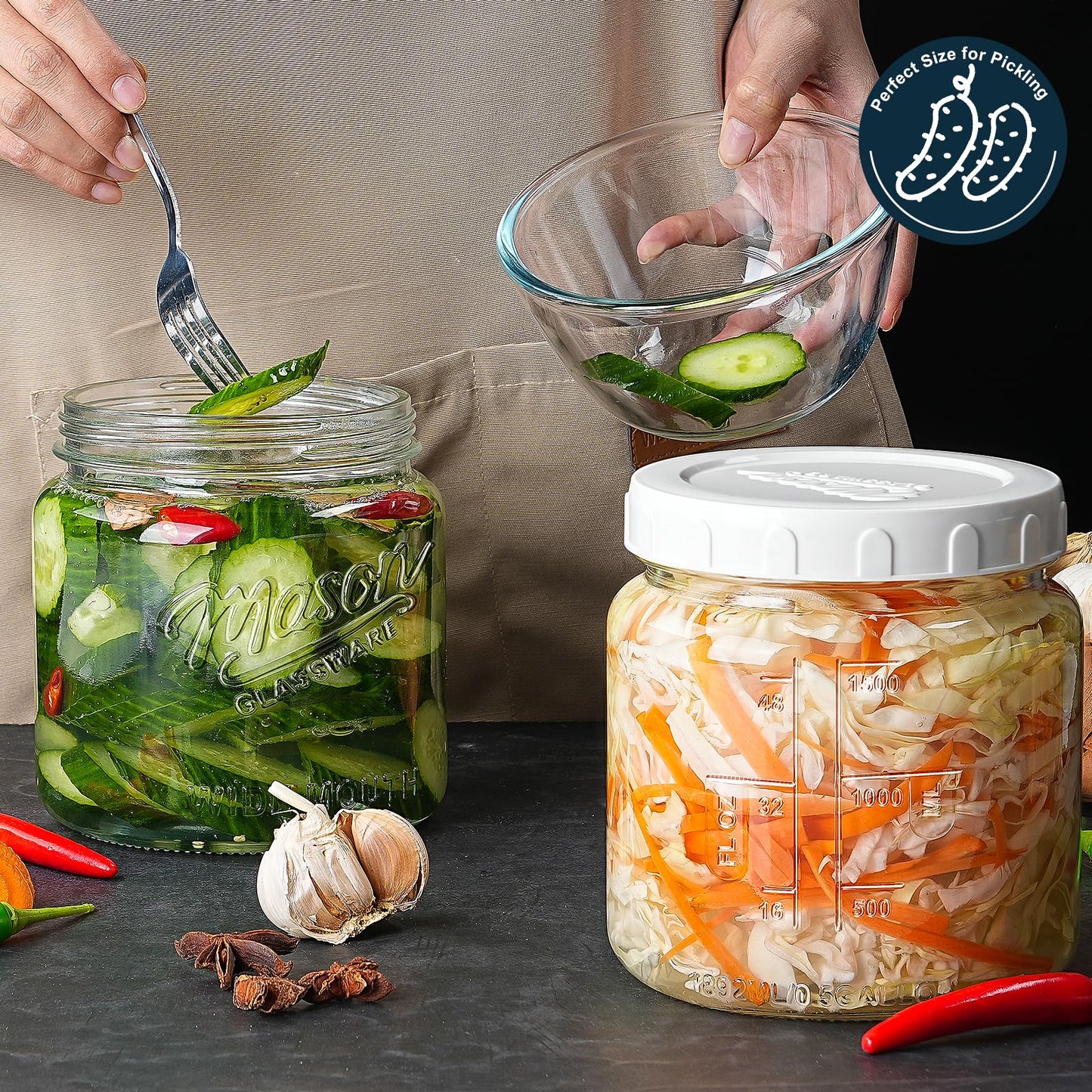 Dwbligt 2 Pack Glass Jar with Lid, Half Gallon Mason Jar Wide Mouth for Pantry Storage, Flour, Pasta, Cookie, Candy, Fermenting, Pickle - Airtight Glass Storage Jars for Fridge w 2 Scale Marks(64 Oz)