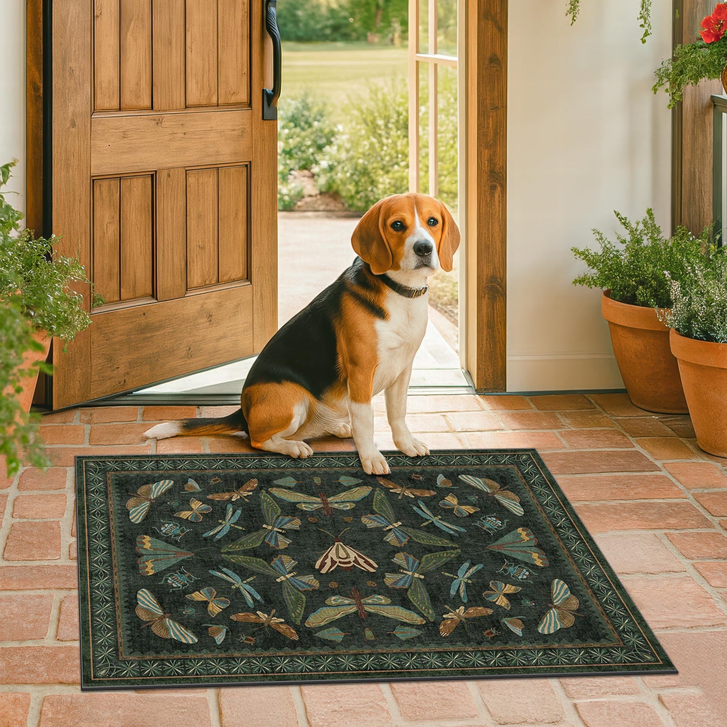 Hazo Haus 2x3 Entry Way Rugs Indoor - Dark Green Small Throw Rug for Kitchen, Bathroom, Insect Boho Design, Washable Non Slip Stain Resistant