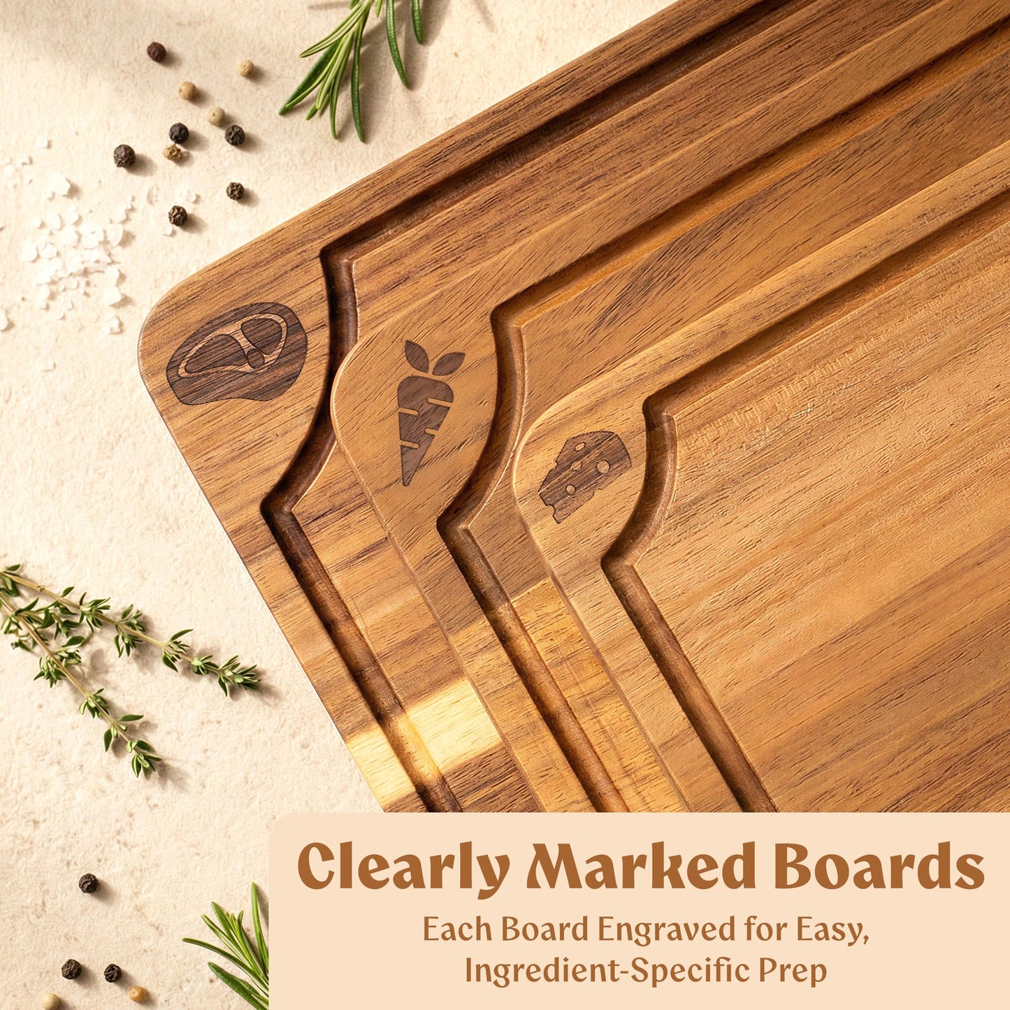 EDELHAUS Cutting Boards for Kitchen (Set of 3) Beeswax Finished Acacia Wood Cutting Board, Mineral Oil Free Wooden Cutting Boards non Toxic with Juice Groove, Non-Slip Feet, Charcuterie Boards