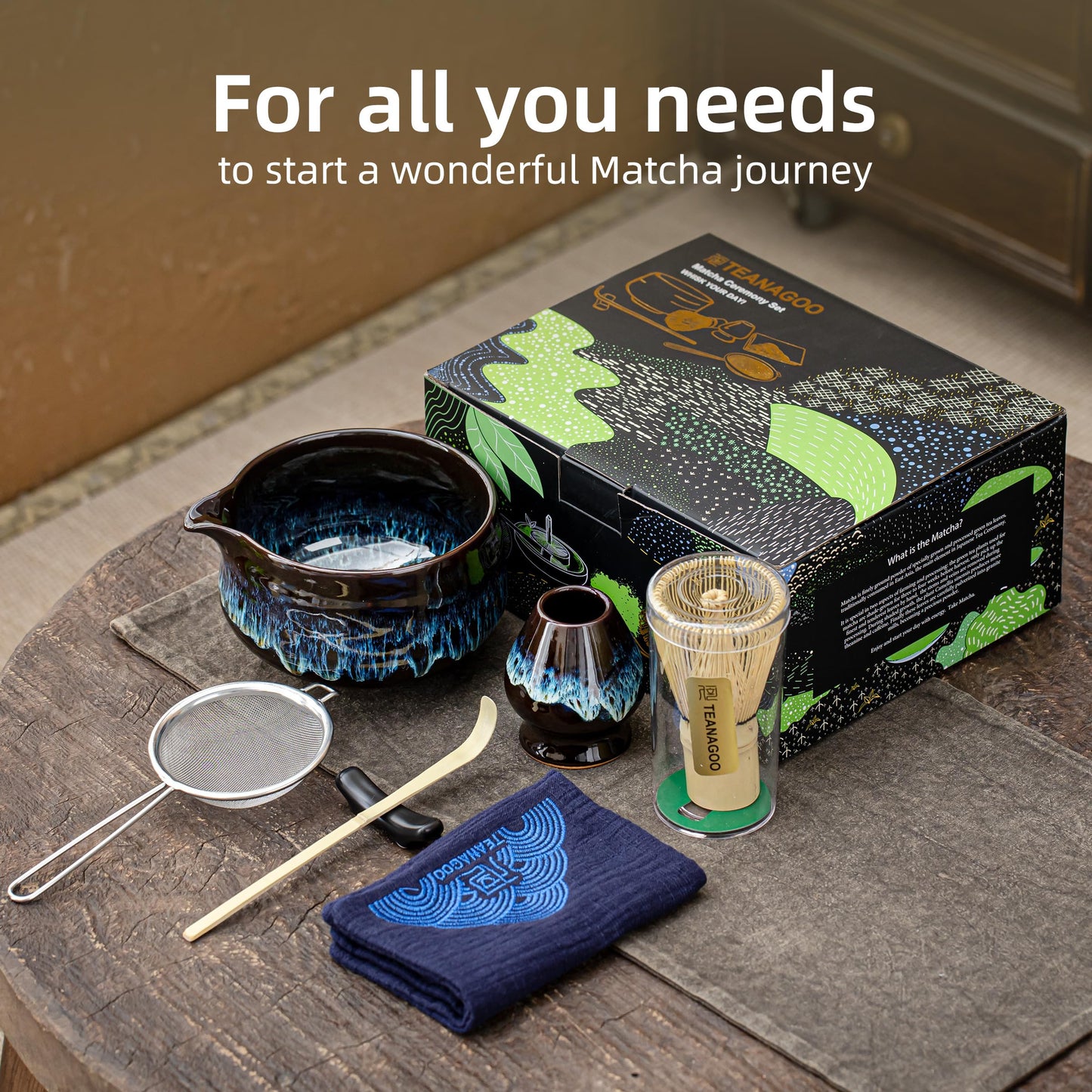 TEANAGOO Matcha Whisk Set, 7 Pcs Matcha Set Blue, Matcha Kit for Ceremony, Matcha Tea Set for Making Breakfast/Latte, Ceramic Matcha Bowl(chawan) whith Spout and Whisk, Gift for Friend/Family