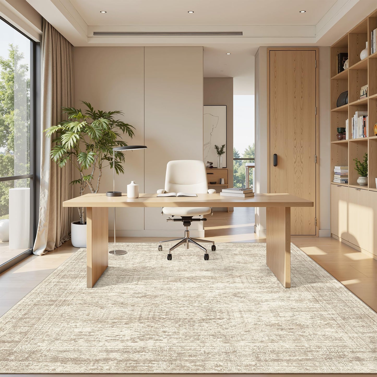 Soalmost 5x7 Area Rugs Beige Low Pile Indoor Washable Trendy Faded Style Rugs for Bedroom Living Room Dining Room Foldable Non-Slip Thin Print Home Office Mat