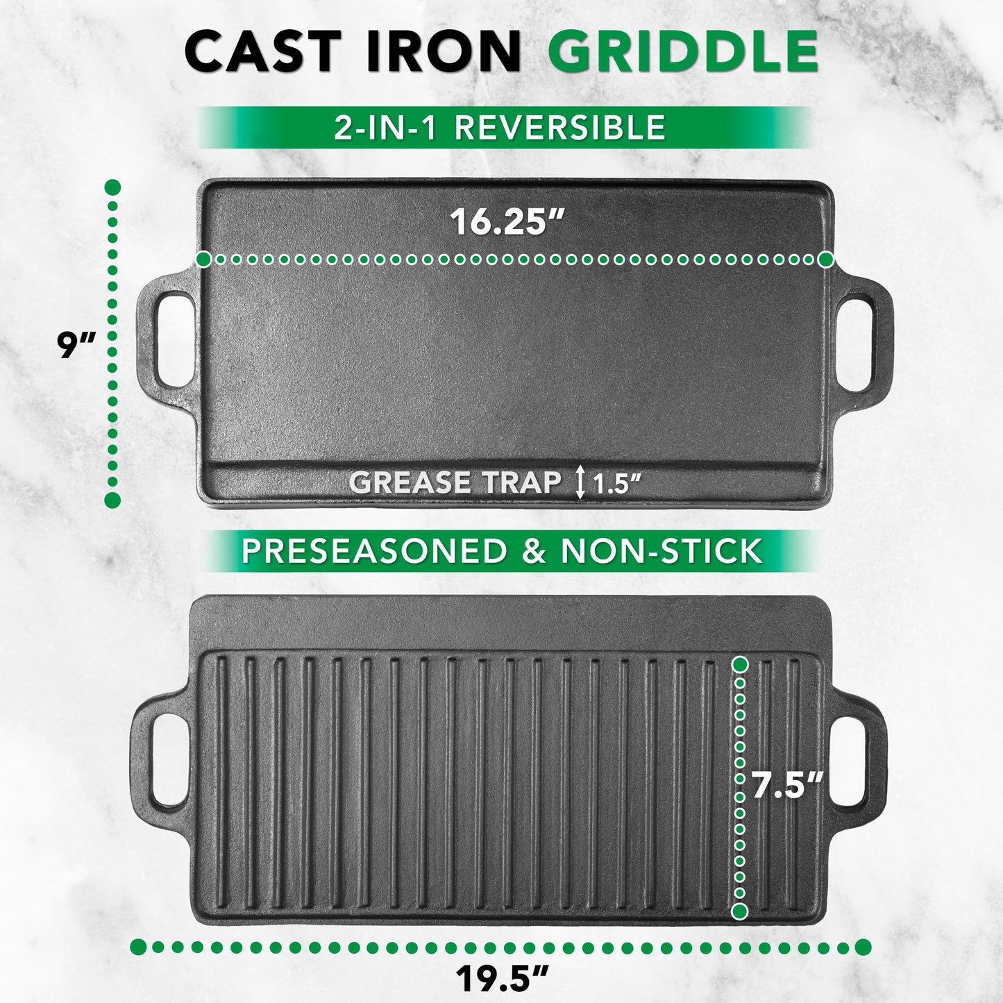 ProSource 2-in-1 Reversible 19.5” x 9” Cast Iron Griddle with Handles, Preseasoned & Non-Stick for Gas Stovetop, Oven and Open Fire.