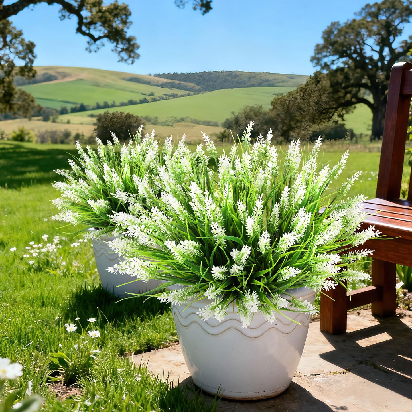 AmberFun 16 Bundles Artificial Plants Outdoor, UV Resistant Fake Lavender & Monkey Grass, Realistic Plastic Faux Plants for Balcony, Patio, Porch Greenery Decor, Planter Filler(White)