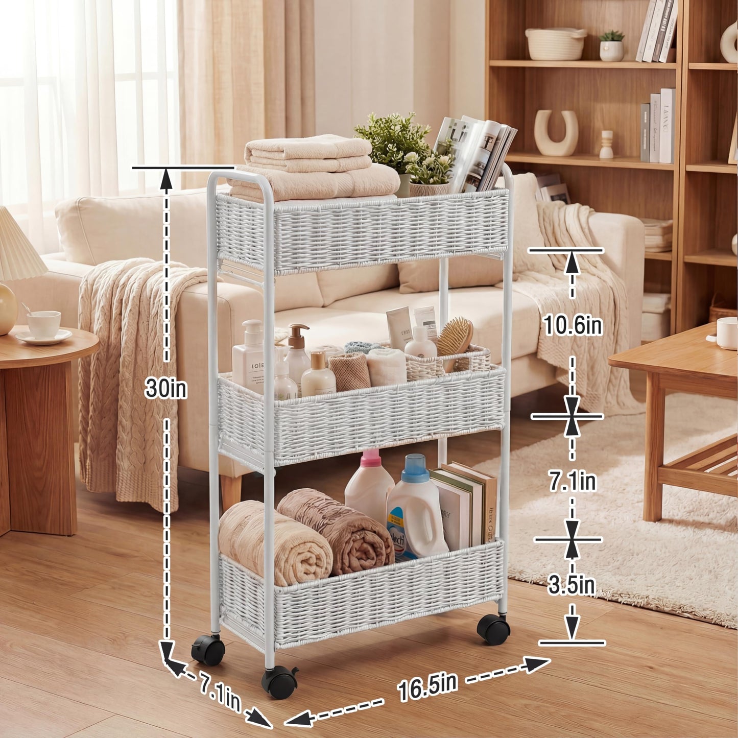 FOCHIER F Utility Slim Storage Cart,3-Tier Rolling Kitchen Office Laundry Room Cart,Mobile Shelving Unit Organizer for Living Room Bathroom Baby Diaper Narrow Places (White, UC-White-7.1inch)