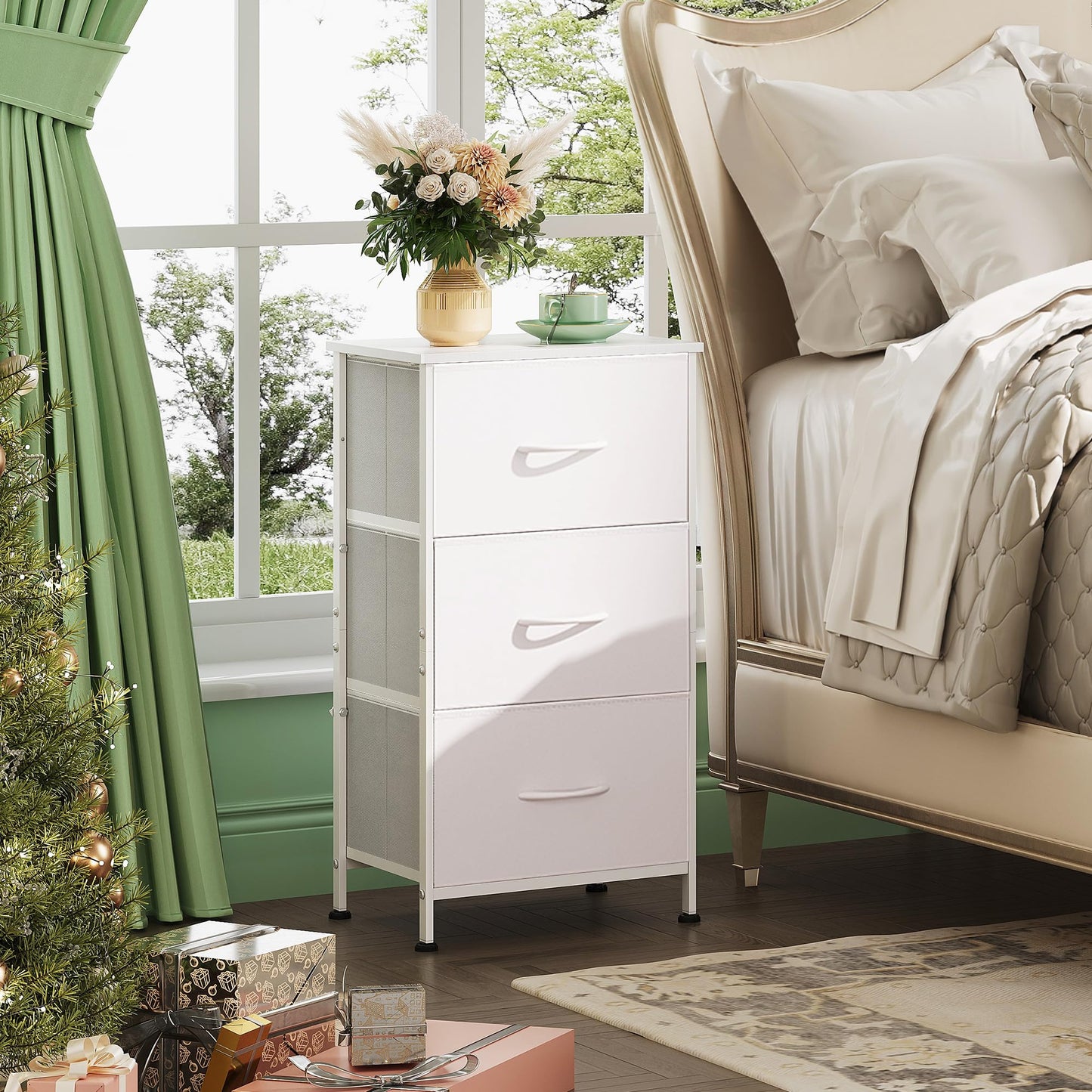 WLIVE Nightstand with 3 Drawers, Fabric Dresser, Organizer Unit, Storage Dresser for Bedroom, Hallway, Entryway, Closets, Sturdy Steel Frame, Wood Top, Easy Pull Handle, White