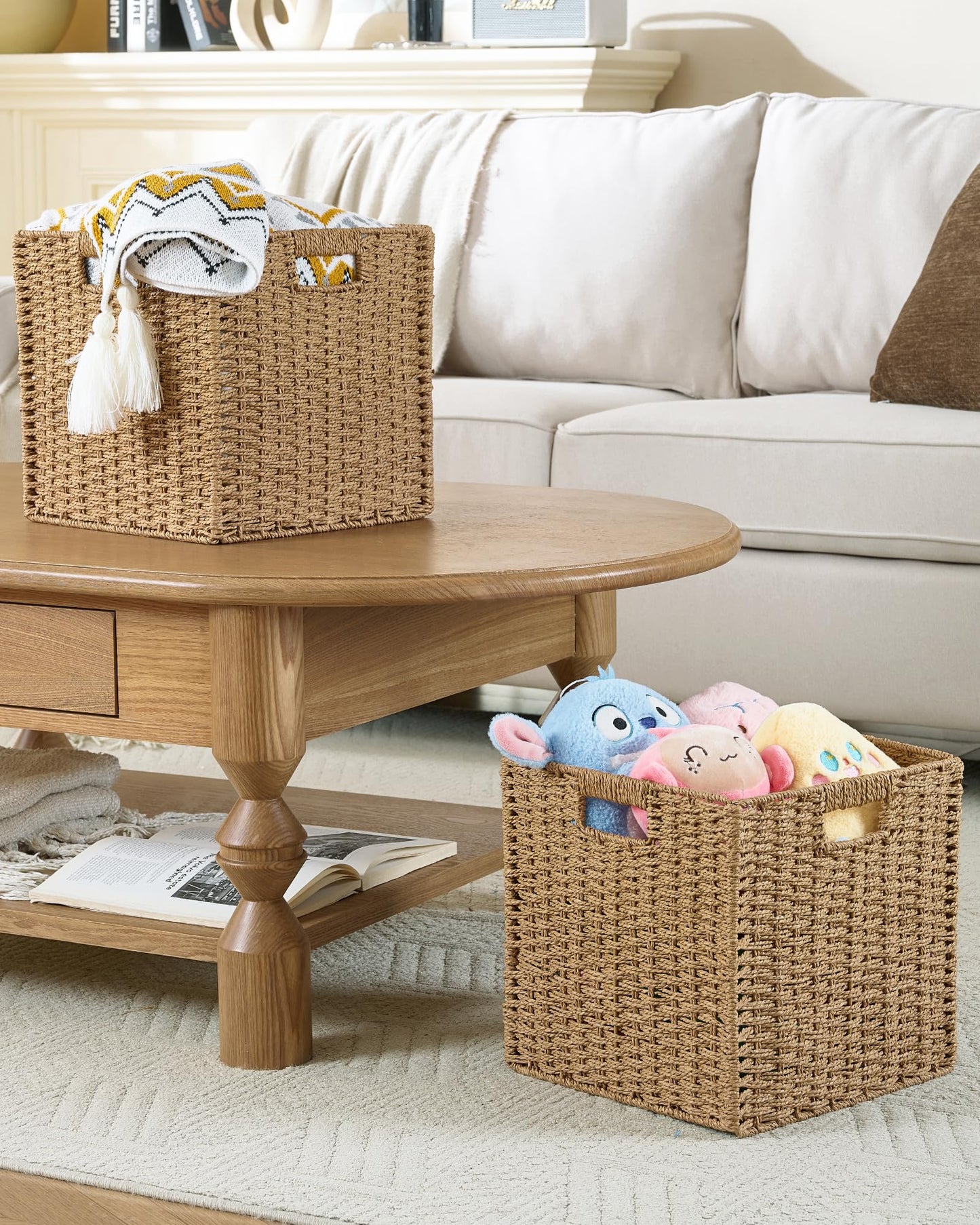 Paper Woven Foldable Storage Baskets 4 Pack, 11 Inch Cube Storage Bins, Handmade Paper Material Collapsible Organizer for Shelves & Home Organization, Ideal for Clothes Books Toys Snacks (Natural)