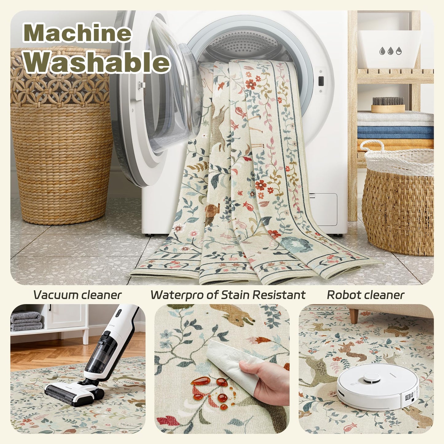 5x7 Area Rugs Washable Rug: Lagre Boho Living Room Rug Soft Non-Slip Thin Carpet Indoor Floor Non-Shedding Neutral Floral Carpets for Bedroom Dining Room Farmhouse Nursery Beige Animal