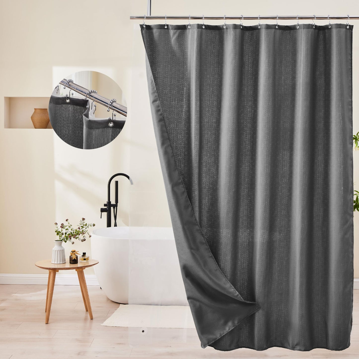 Lameirose Grey Shower Curtain and Liner, 3 in 1 Shower Curtain Set with 12 Double Sided Shower Curtain Hooks, Cloth Shower Curtains for Bathroom,Waterproof, 72" W*72" H