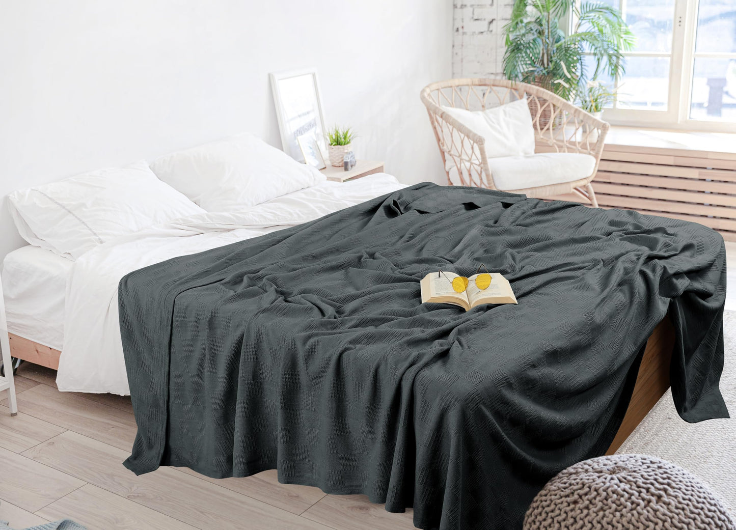 Utopia Bedding 100% Cotton Thermal Blanket Smoke Gray Queen Size Soft, Lightweight, Breathable, Cozy Spring and Summer Blankets for Bed, Home Room Decor Gifts for Women and Men (90x90 Inches)