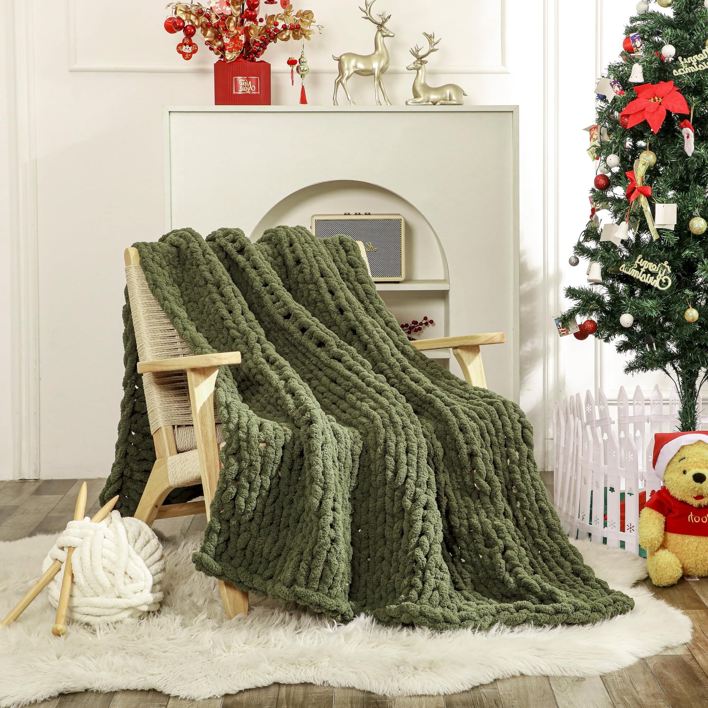 WESHIONGOO Chunky Knit Blanket Throw 51"×63" Knitted Throw Blankets for Couch Bed Fluffy Soft Blanket with Jumbo Chenille Yarn Thick 100% Handmade (Olive Green)