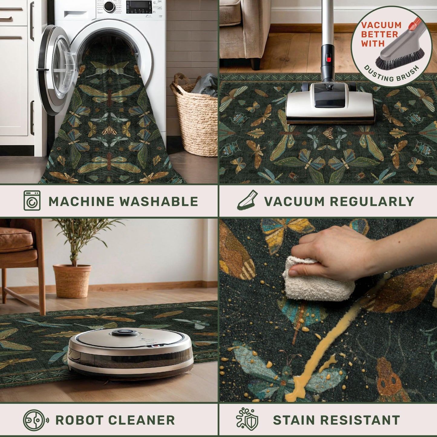 Hazo Haus 2x3 Entry Way Rugs Indoor - Dark Green Small Throw Rug for Kitchen, Bathroom, Insect Boho Design, Washable Non Slip Stain Resistant