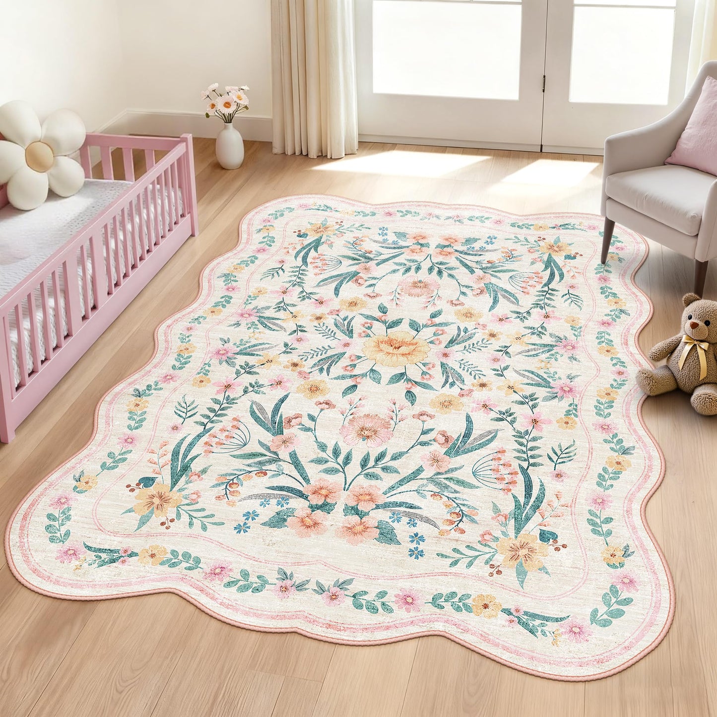Dadasgk Pink Floral Rug 5X7 for Girls Bedroom or Nursery, Scalloped Washable Non-Slip Area Rug, Cute Soft Boho Carpet for Kids Room, Dorm, or Playroom