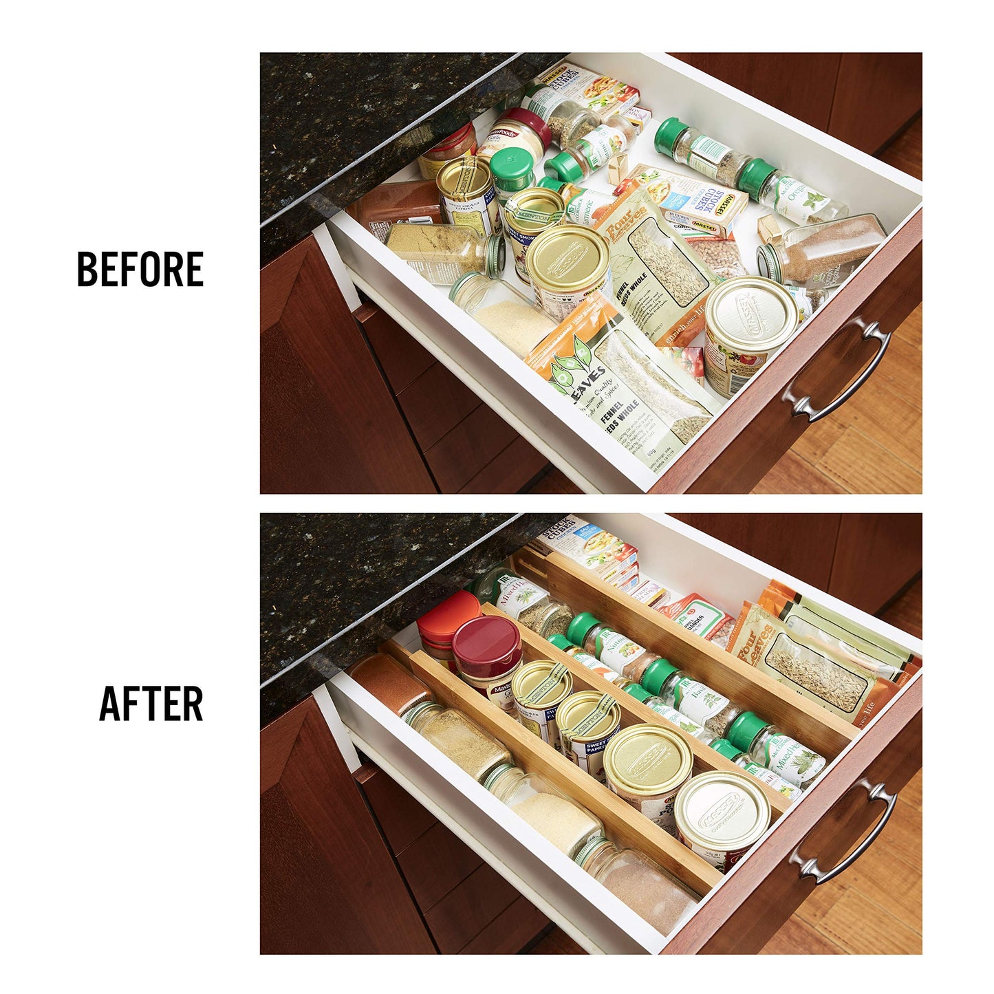 Thomas Grace Homewares Bamboo Kitchen Drawer Organizer Divider Stackable for Deep Drawers. (Set-of- 4) Spring Loaded Dividers that are Expandable & Adjustable. Kitchen Organizer.