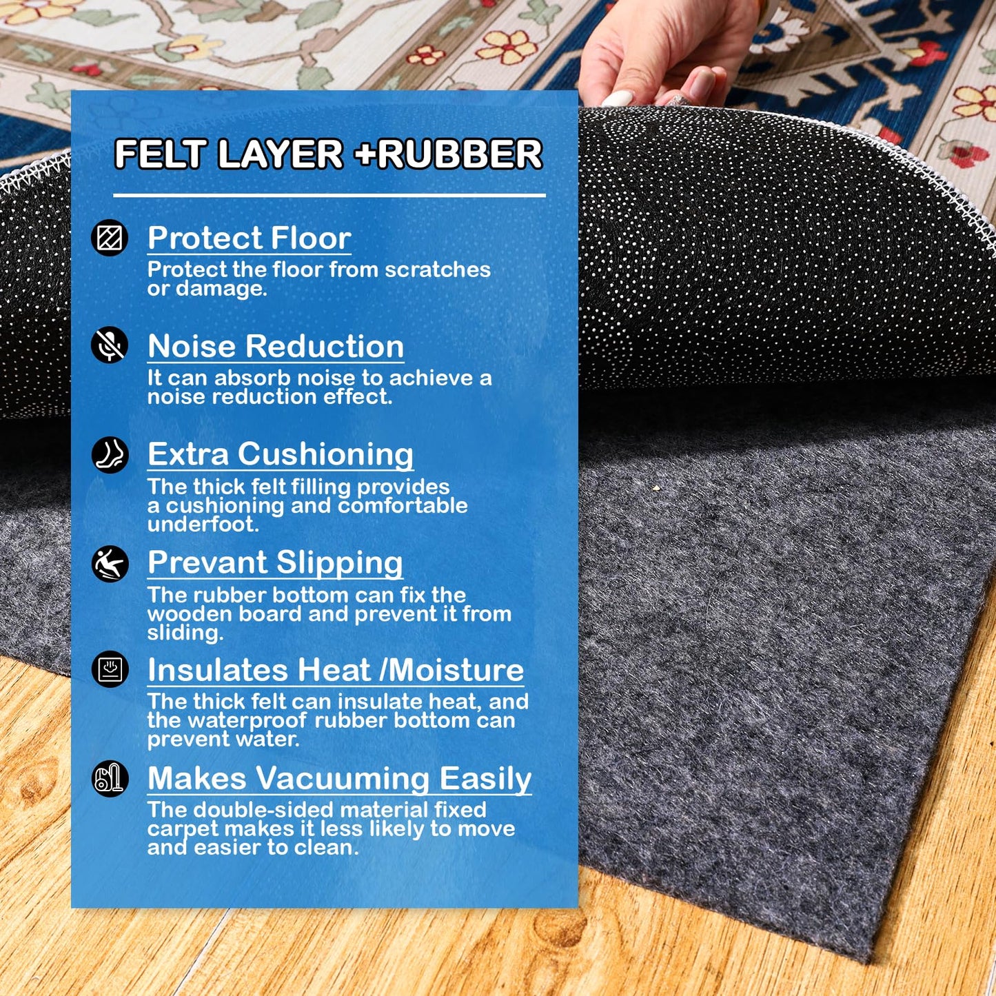 Non-Slip Rug Pads 5 x 7 ft, 100% Waterproof Extra Large Area Rugs Non Skid Rug Pad for All Floors and Finishes Durable Hardwood Floor Protective Felt Keeps Rugs in Place, Safe and Secure