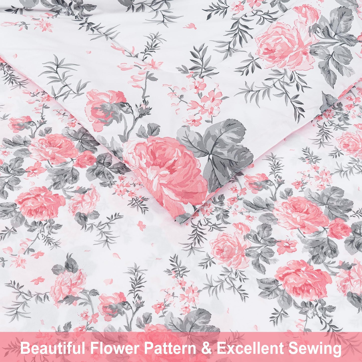 lasoftan Floral Queen Comforter Set with Sheets, 7 piece Luxury Vintage Bedding, Soft Microfiber Bed in a Bag, Cozy Lightweight Bed Set, Pink Flower Grey Leaf